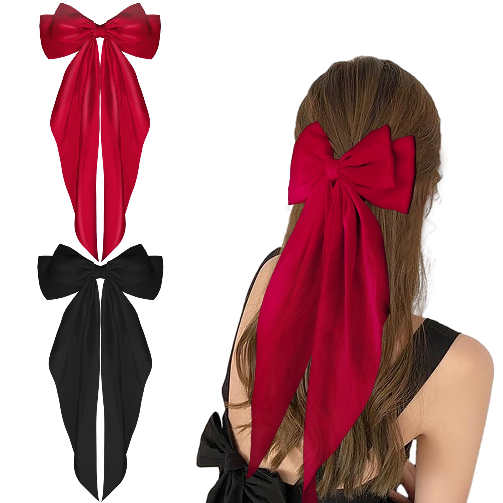 WLLHYF Big Bow Barrettes 2 Pieces Soft Silky Satin Hair Clip Long Tail French Ribbon Hair Pins Metal Bowknot Clips 90's Accessories for Party Valentine's Day Women Girl (Black+Wine red)