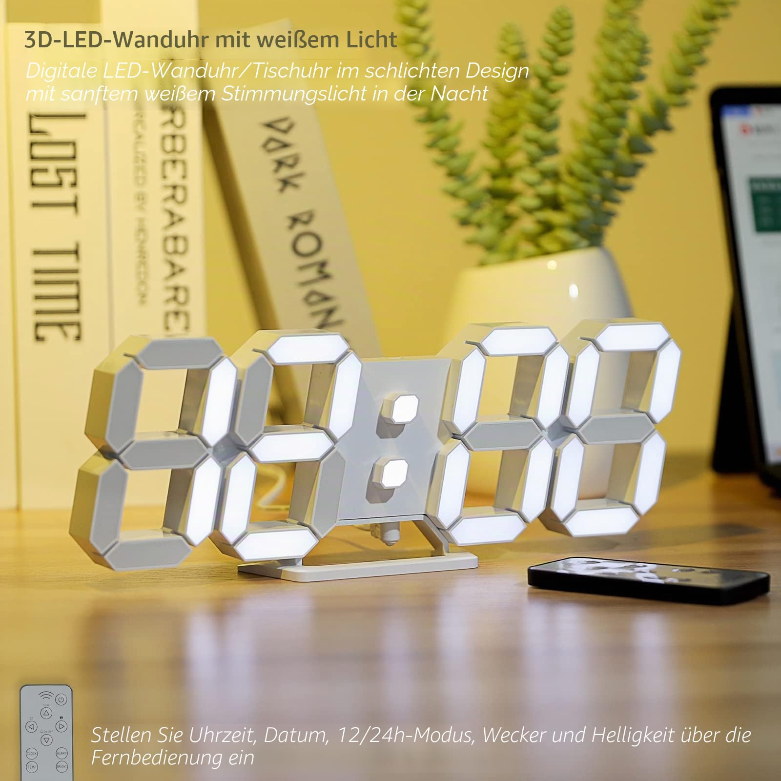 KOSUMOSU Digitaluhr 3D LED Wanduhr 9.7 Zoll, Tischuhr Großes Display Digitale Wanduhr Schreibtischuhr mit Fernbedienung 12/24H Temperatur (Weißes Licht)