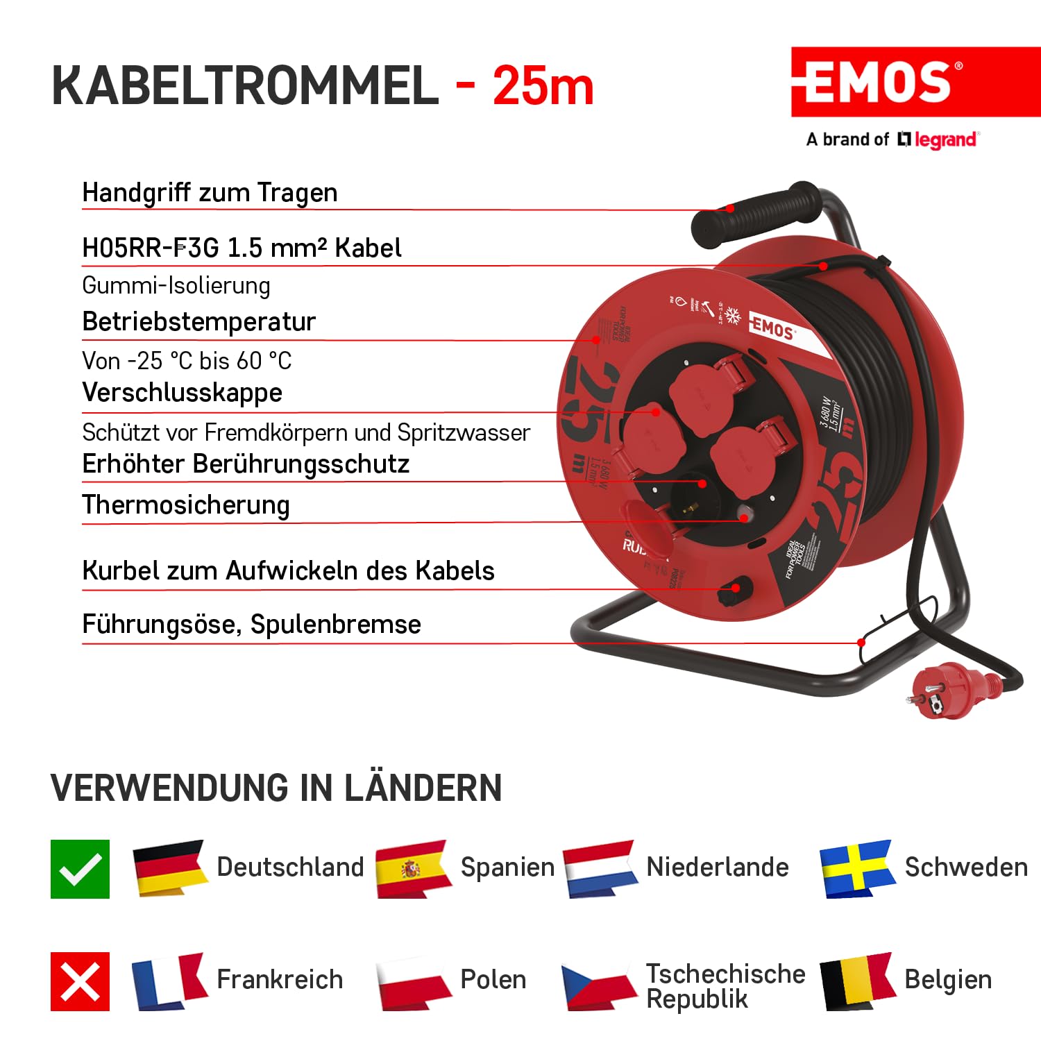 EMOS - Kabelhaspel 50m - 4 geaarde stopcontacten - waterdicht, slagvast, temperatuurbestendig - 230 V, 15 A, 3500 W - rubberen isolatie - H05RR-F 2,5 mm2 - IP44 voor buiten