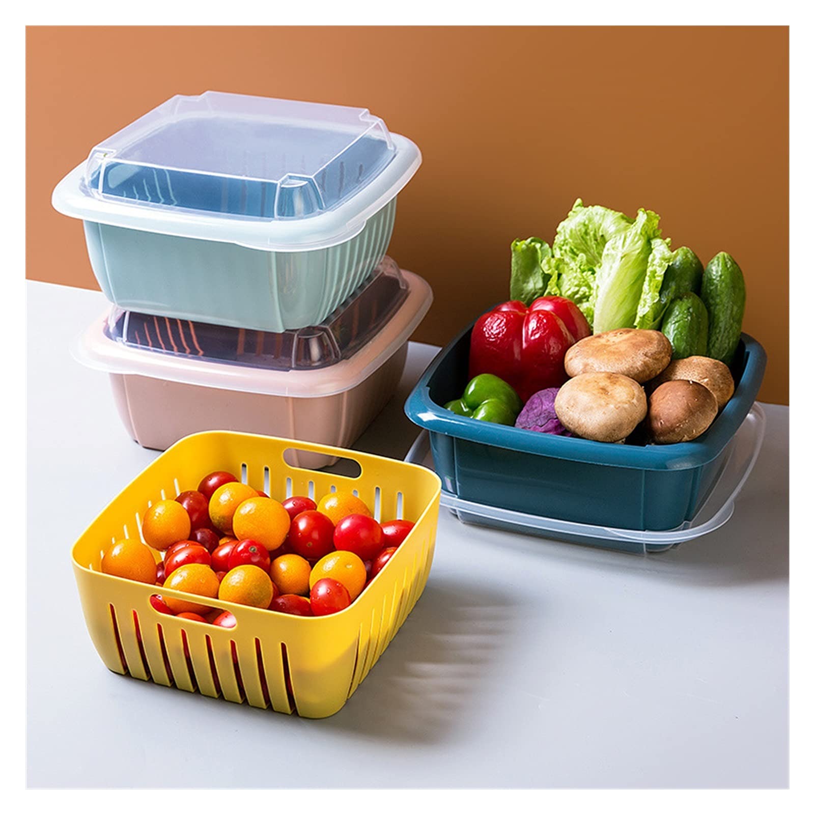 Colador de Cocina Tazón de canasta de drenaje con tapa Cuadrado Fruta Vegetal Cuenca Cesta de lavado Cocina Sellado Fresco Mantenimiento de almacenamiento Caja de almacenamiento Juego de Crisper Colad