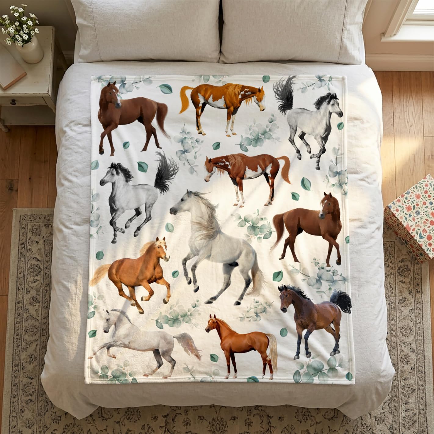 Horse Blanket Gifts for Girls Women,Ultra Soft Floral Flower Flannel Blanket for Couch/Bedding/Living Room,Horse Lover Gifts Ideas Home Decor,50"x60"-Teens/Travel Size