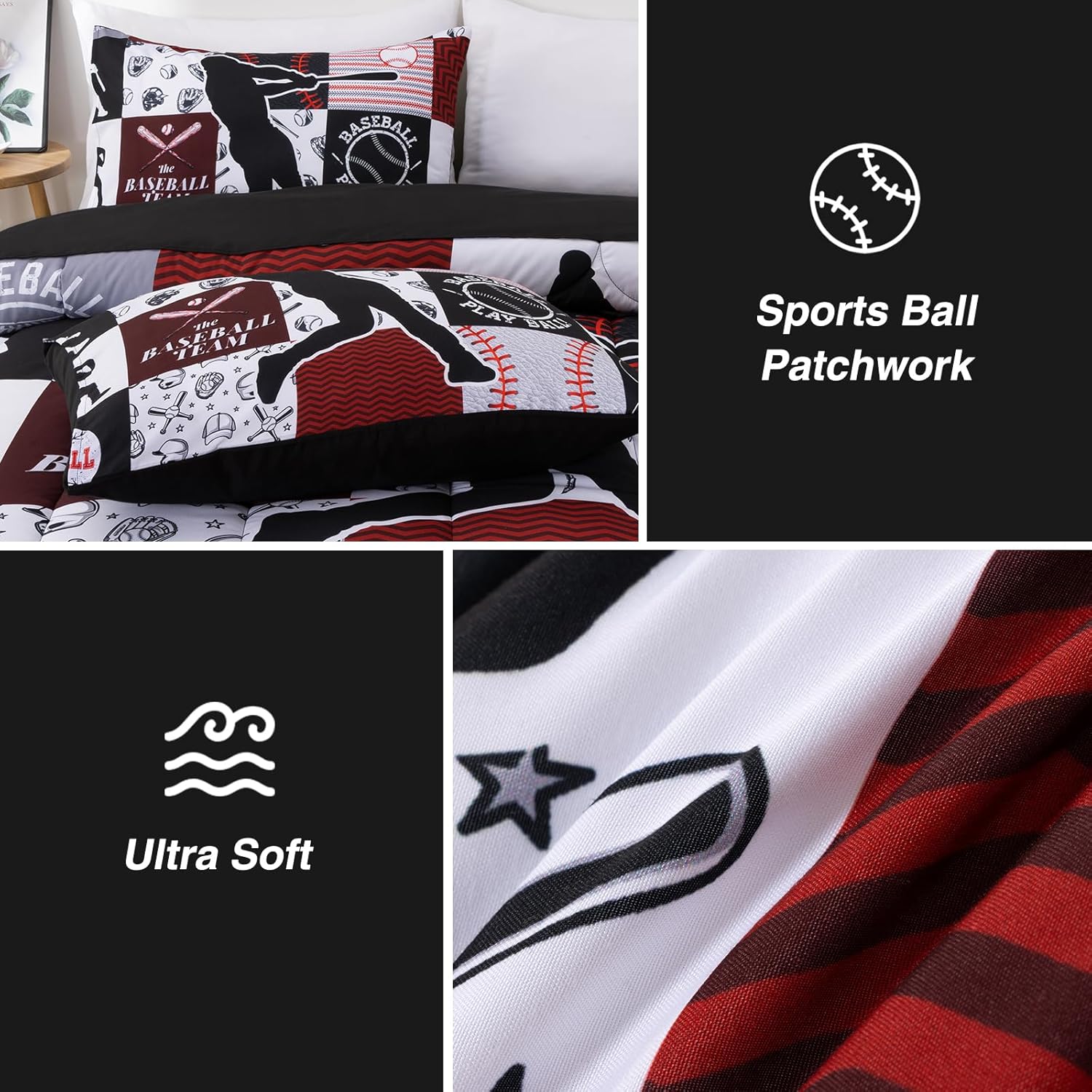 A Nice Night Sports Geometric Grid Black Patchwork Baseball Printed for Boys Queen 6Pcs Bed in A Bag Comforter Bedding Set, Red