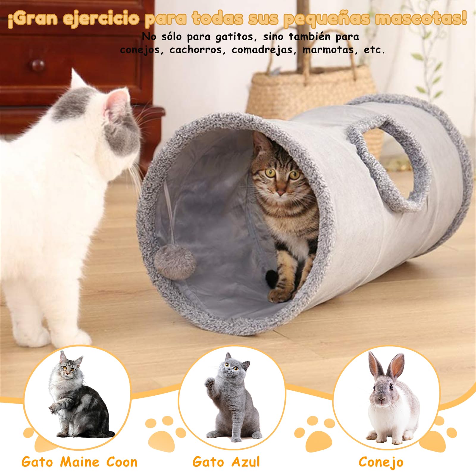 Faltbar Katzentunnel Katzenspielzeug mit Ball Spieltunnel Knisternder Rascheltunnel Aus Wildleder für Alle Katzen Kaninchen Welpen und Kleine Tiere,Mit Hängendem Lustiger Katzenstock(Grau)