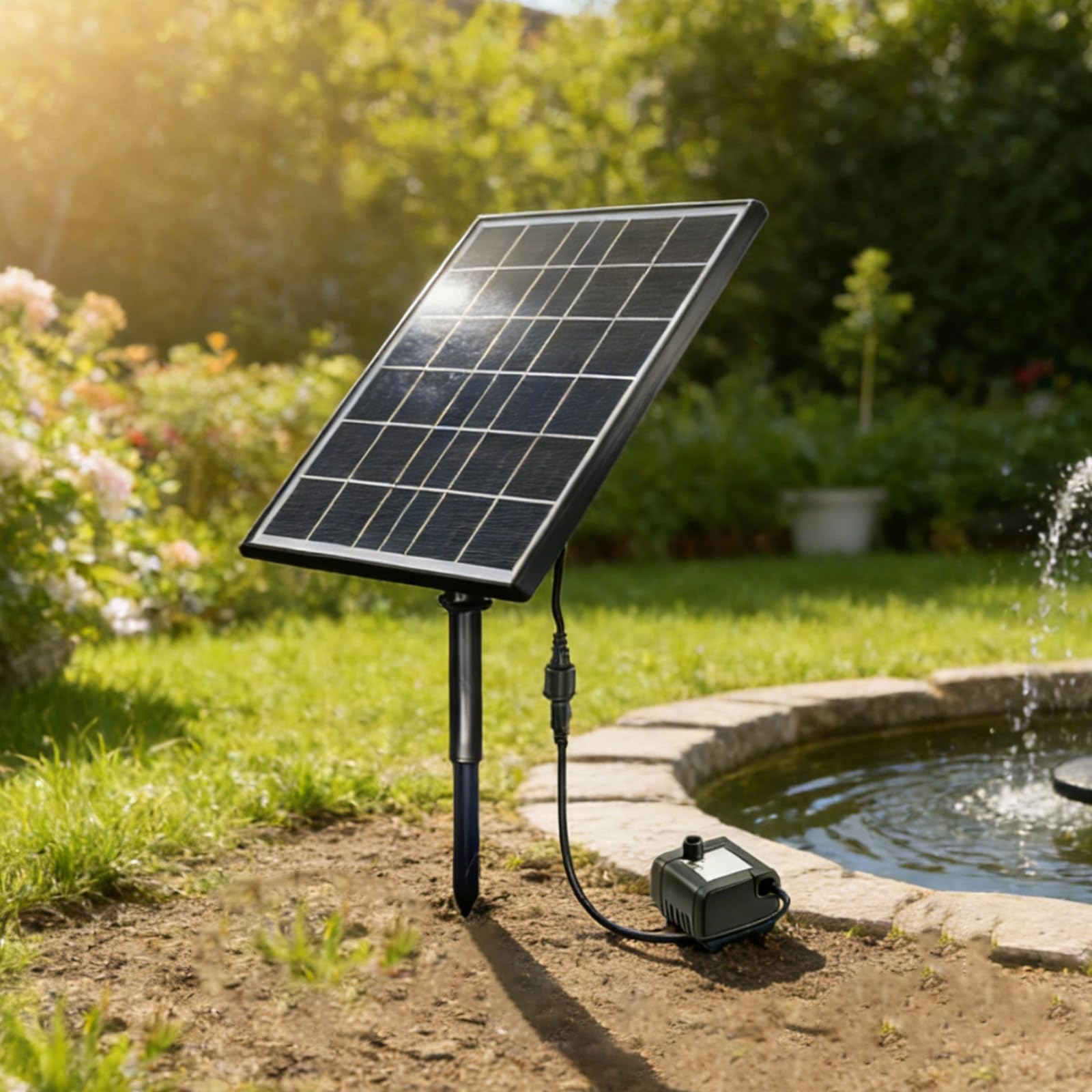 Solarna pompa fontannowa z oddzielnym panelem 5 W, maksymalny przepływ 92 GPH, przewód 3 m, pływająca fontanna dla ptaków, 4 dysze, konstrukcja ze szkła hartowanego, podwójna filtracja, ochrona przed