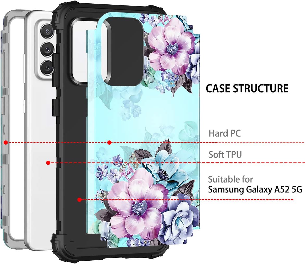 Casetego for Galaxy A52 5G Case,Floral Three Layer Heavy Duty Sturdy Shockproof Full Body Protective Cover Case for Samsung Galaxy A52 5G,Blue Flower