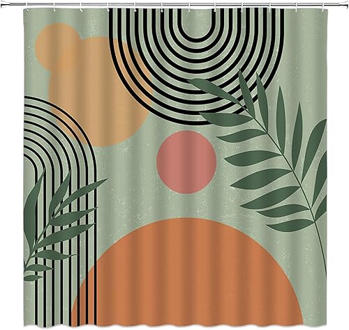 Miniatura 2 de Cortina de ducha moderna de mediados de siglo, color verde salvia, abstracta, retro, geométrica, arco de arco iris, hoja de sol, naranja, neutro,