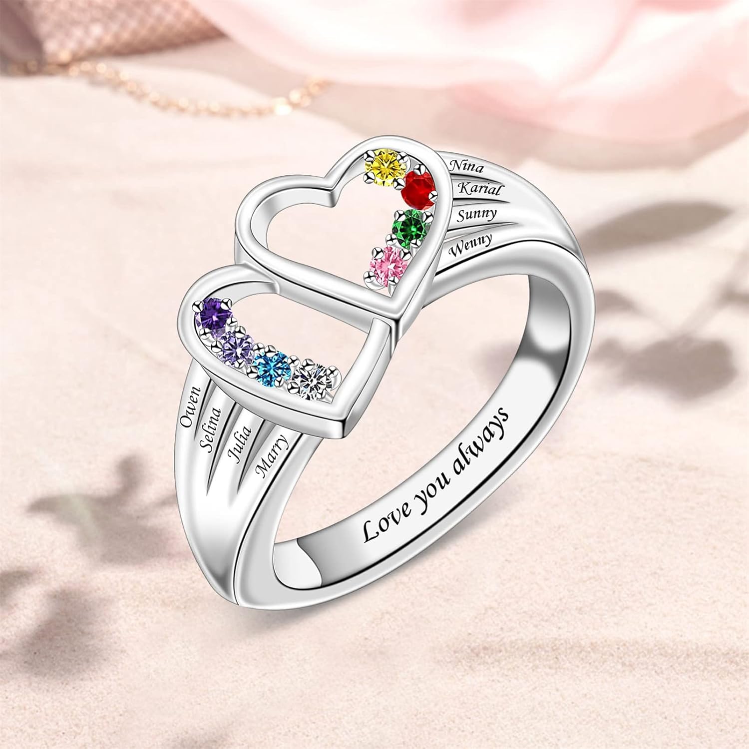 Personalized Mothers Rings with Names Custom 2-8 Simulated Birthstones Mother's Day Rings Custom Love Heart Family Rings for Women Birthday Mothers Day