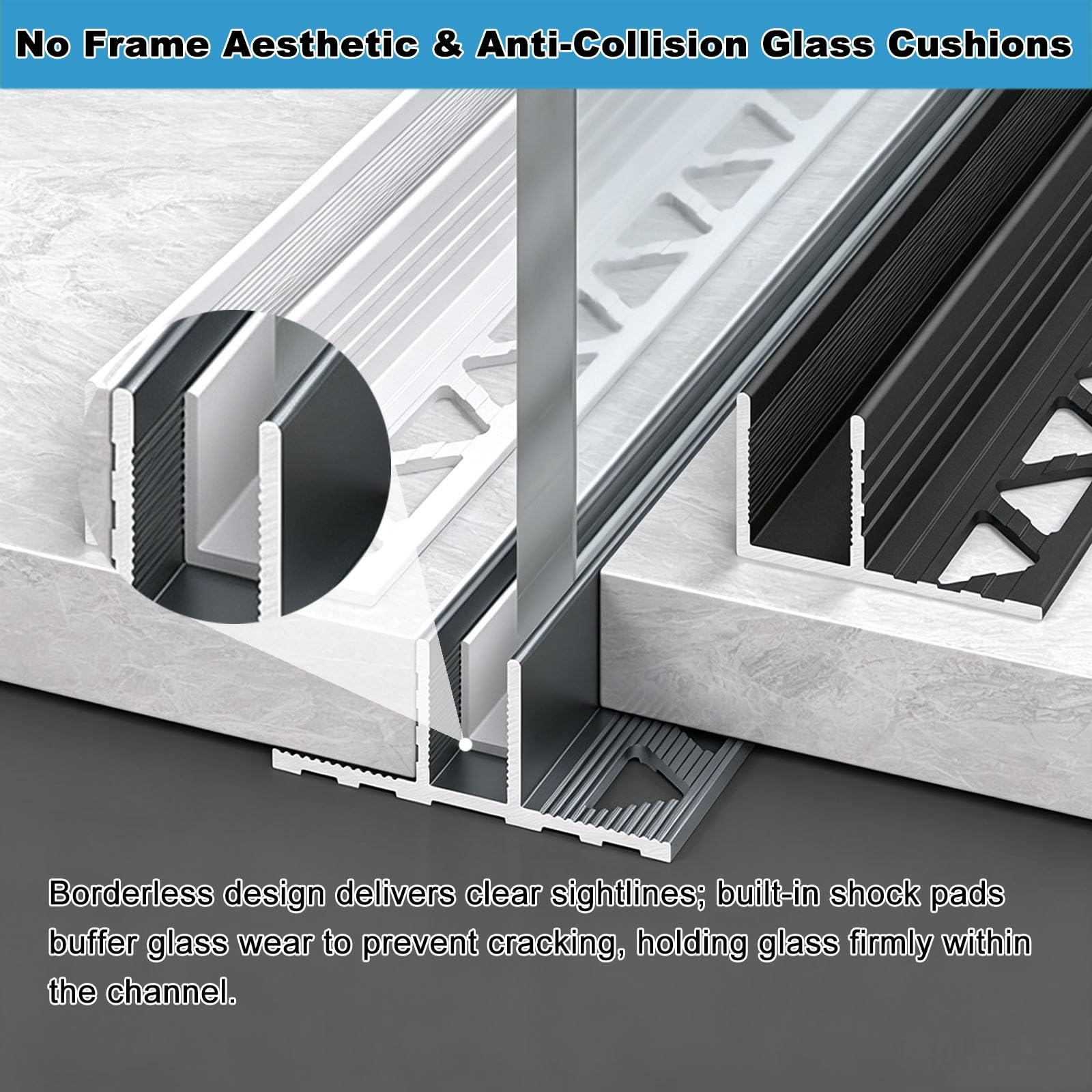 Canal de aluminio para cristal tipo T, resistente a la oxidación | Junta protectora de PVC integrada, apta para cristales de 8, 10 y 12 mm de grosor para oficinas(12mm Black,300cm/118.1")