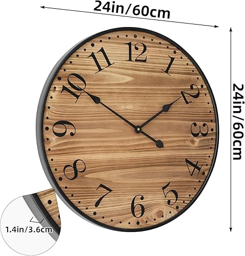 Miniatura 2 de Reloj de pared rústico para decoración de sala de estar, reloj de pared grande de 24 pulgadas con cara de madera marrón oscuro y marco de metal