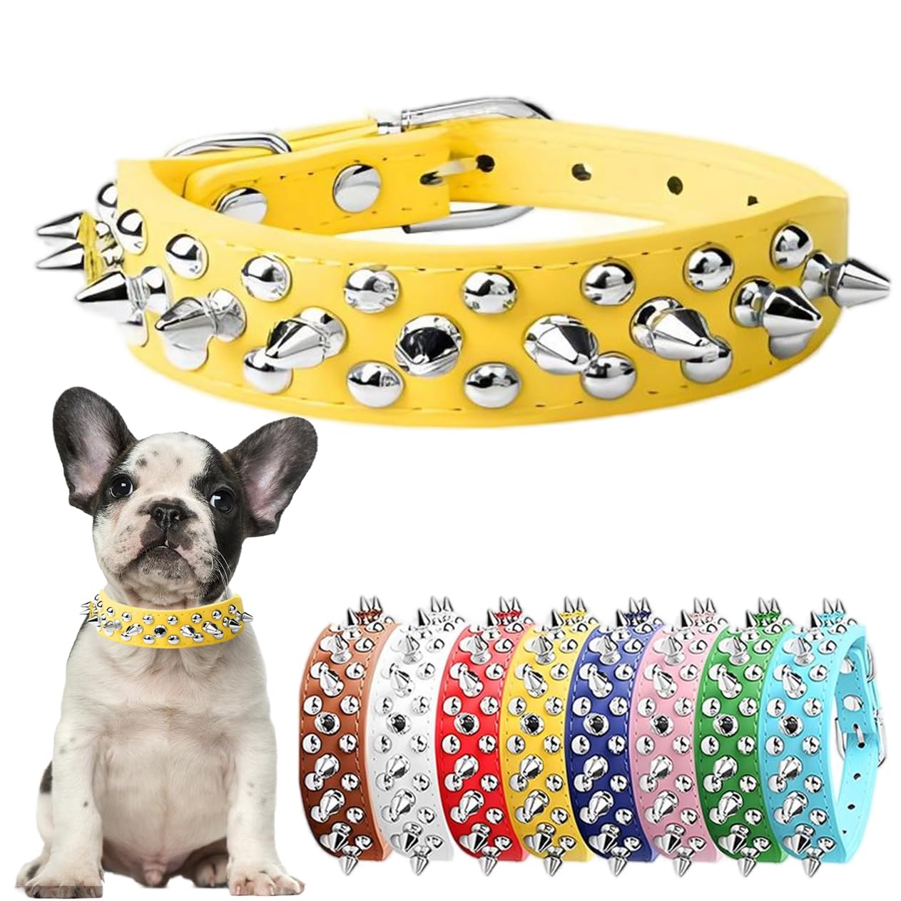 Spiked Dog Collars, Studded Dog Collar Leather Rivet Puppy Collar Spike Adjustable for Small Medium Large Dogs Yellow L — image 1