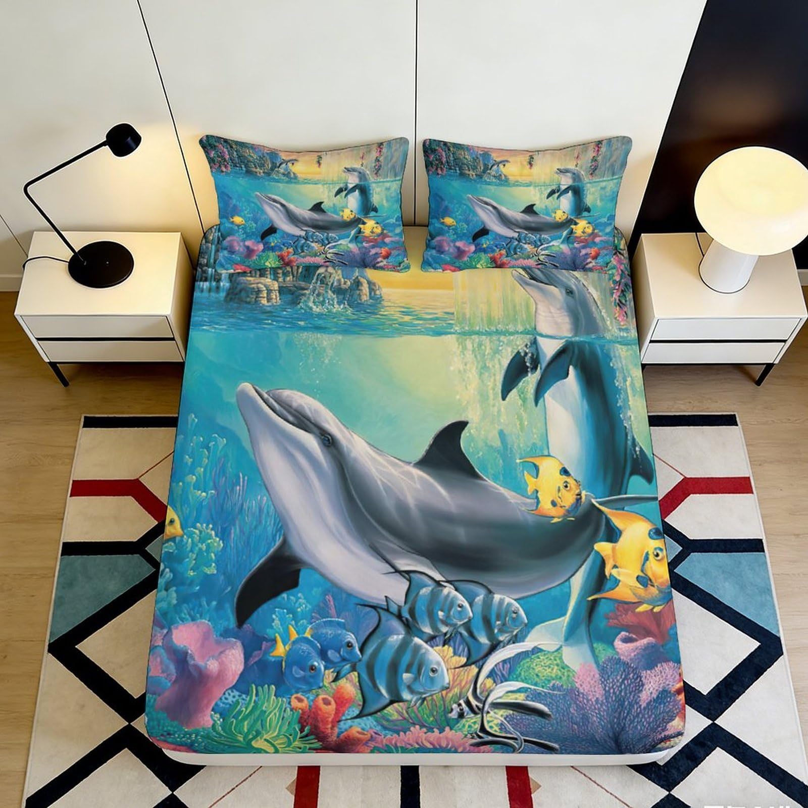 3D Printed Ocean Dolphin Fitted Sheet Microfiber Soft Mattress Cover Underwater Fish Bedroom Decor 90x200x25cm