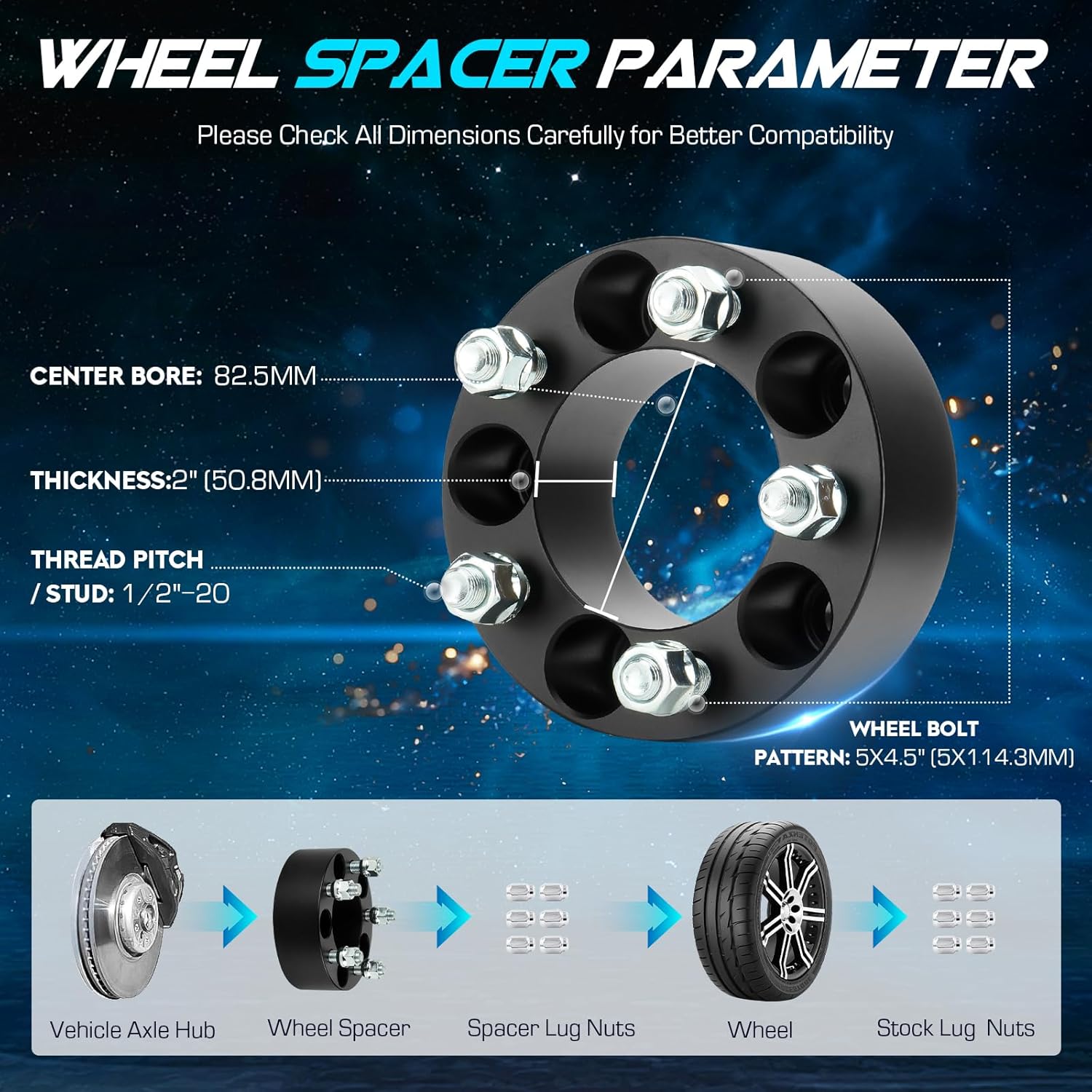 5x4.5 2 inch Wheel Spacers 82.5mm Bore for Ford Mustang Ranger Explorer, Dodge Dakota, 1/2"-20 Studs 5 Lugs Wheel Adapters fits Jeep Wrangler TJ YJ TJ XJ MJ KJ KK ZJ, 50.8mm Thick 5x114.3mm, Set of 4