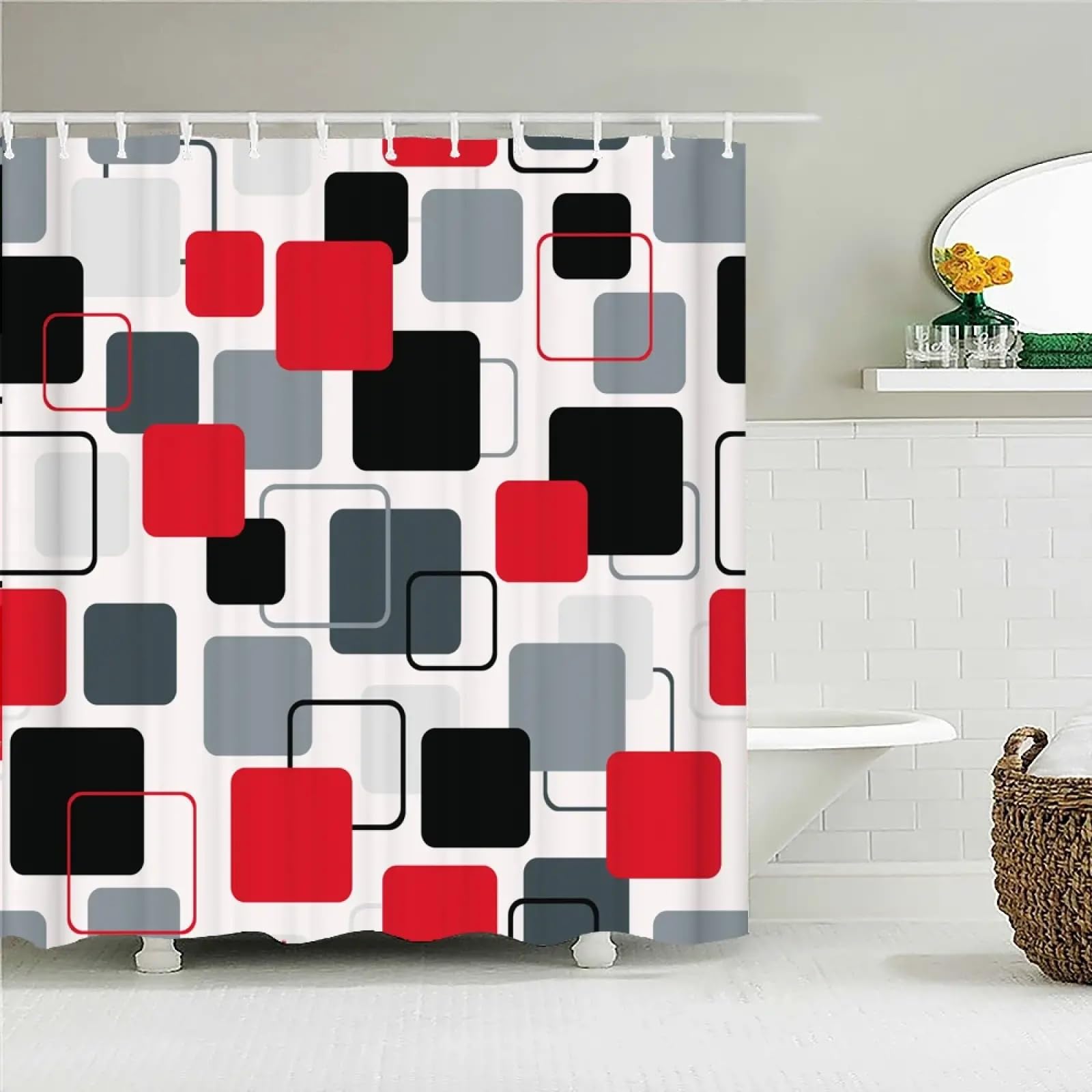 Ajalgz Bathroom Shower Curtian Waterproof Shower Curtain Classic Geometric Printed Red Black Bath Curtains Polyester Bathroom Bathtub Decor Wxl:160x195cm/63''X77'' -195Cm-Length