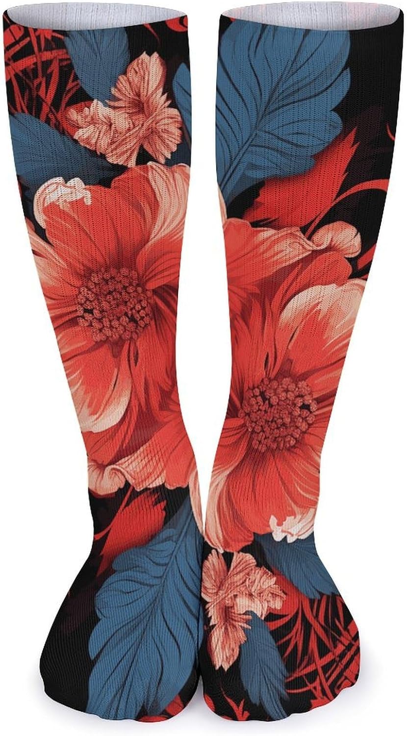 5-Pack Knee High Socks, 15.7 Inch Breathable Casual Socks Red Floral Pattern Stockings for Men Women