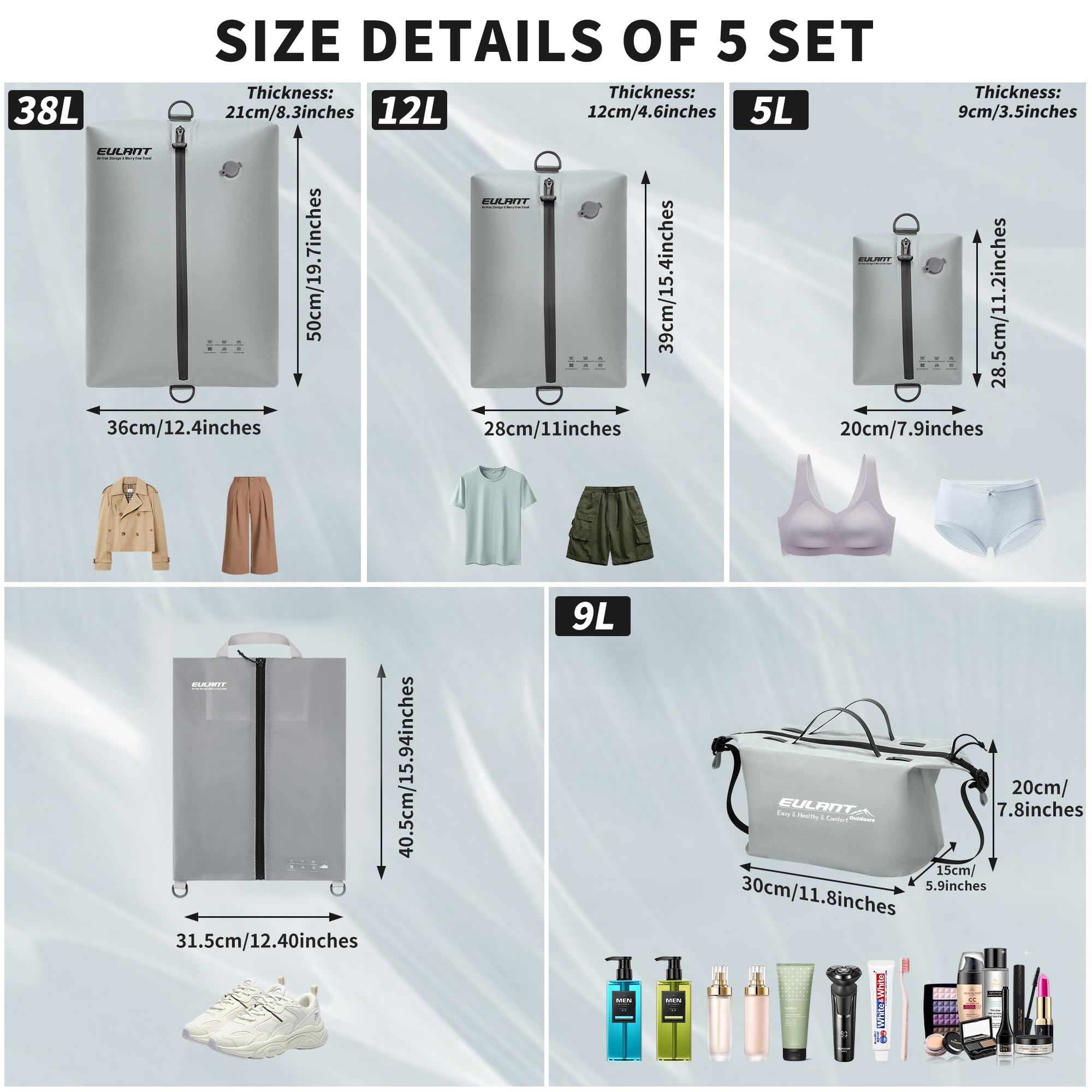EULANT TPU Bolsas de Vacío de Ropa para Viaje con Bomba, Cubos de Embalaje de Compresión Reutilizable para Maletas/Equipaje/Mochila, Bolsas de Sellado al Vacío con Cremallera IPX8, Impermeable/Ahorra