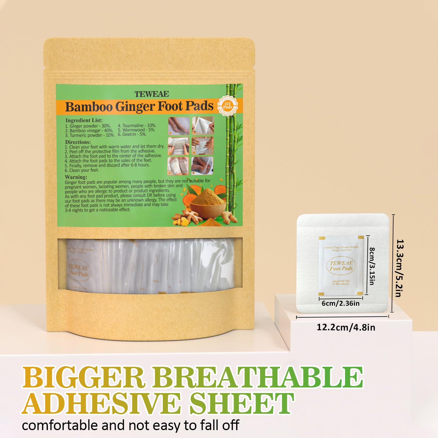 TEWEAE 122Pads - Almohadillas para pies de cúrcuma y jengibre, almohadillas naturales puras con jengibre, ajenjo, vinagre de bambú, almohadilla adhesiva más grande para fácil de pegar