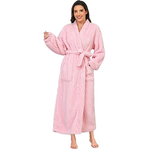 Hellomamma Womens Long Robe Soft Warm Fleece Plush Bathrobe Ladies Sleepwear Pajamas Housecoat Nightgown