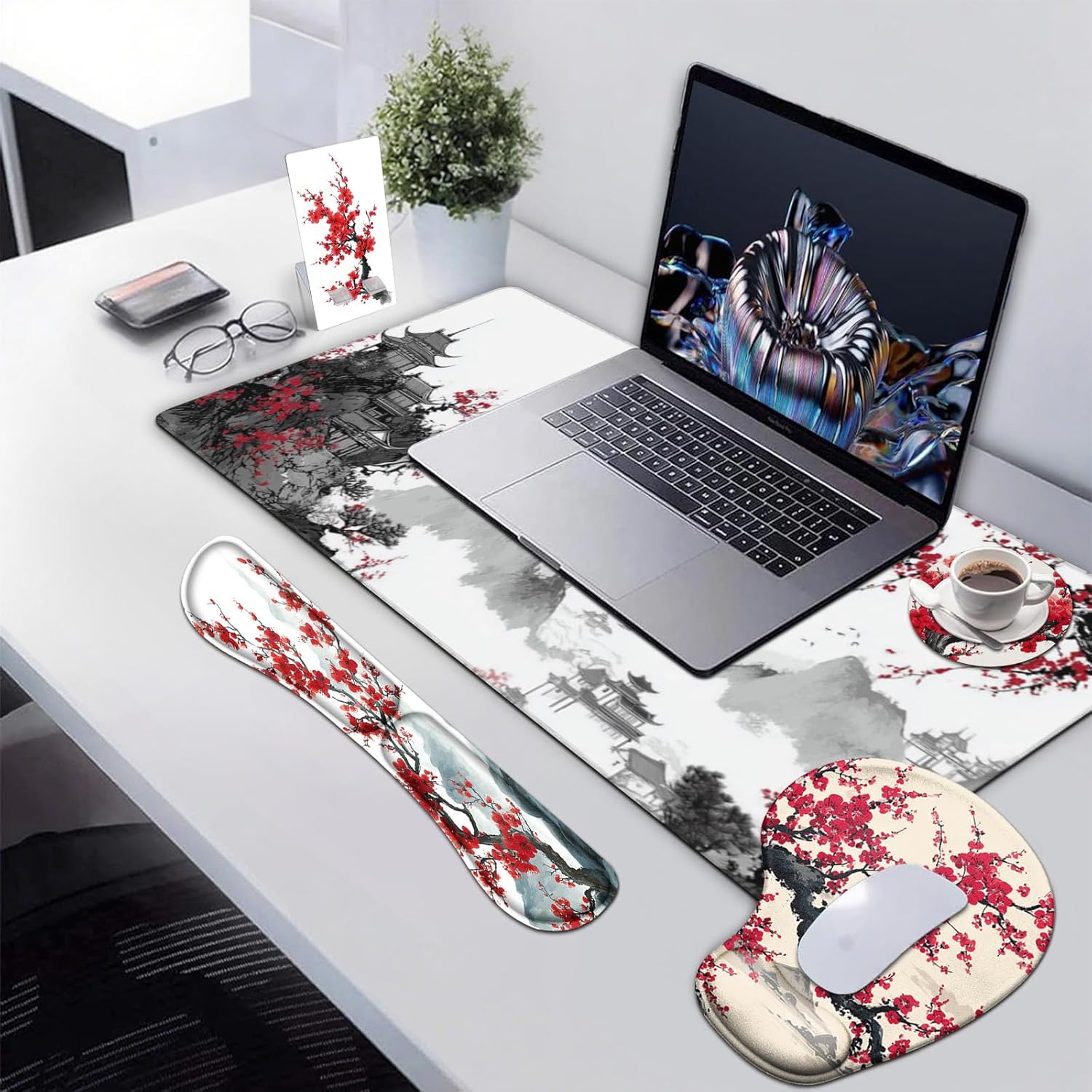 AQQA Japanese Desk Mat Set, Large Gaming Mouse Pad with Wrist Rest, Ergonomic Mouse Pad Keyboard Mat Wrist Support,Phone Holder,Cup Coaster,Home Office Desk Accessories Decor Supplies, Cherry Blossom