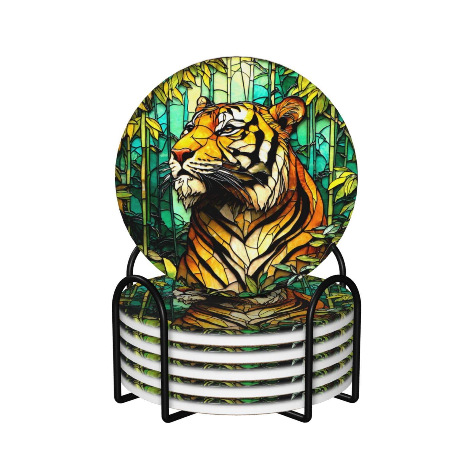 Tiger Stained Glass Ceramic Coasters with Holder 6ps