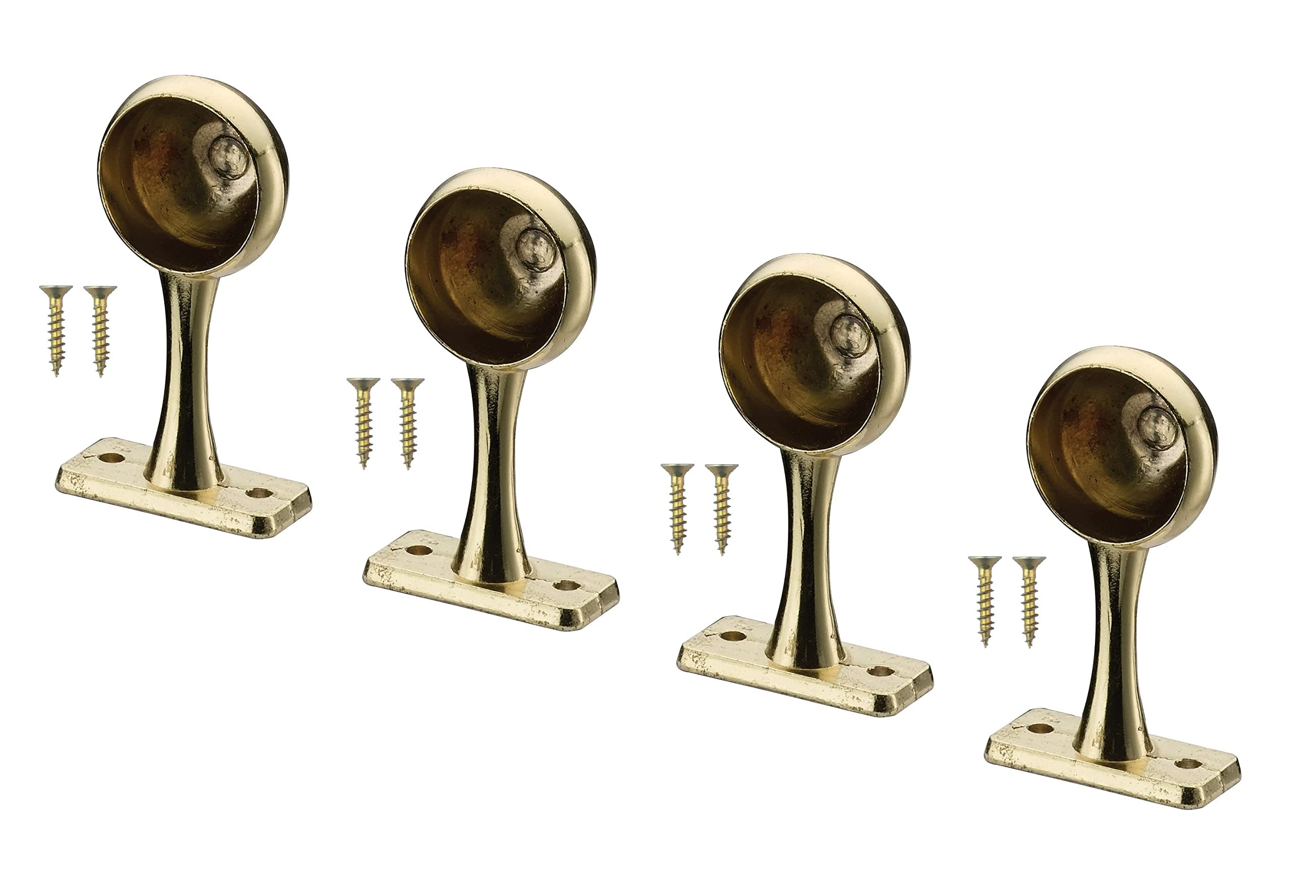 TERF® Polished Brass Curtain Pole End Bracket 25mm Curtain Rail Ceiling and Wall Mount Rod Holder Wardrobe Shower Curtain Closet Lever Rail Pole End Support with Fixing - Pack of 4