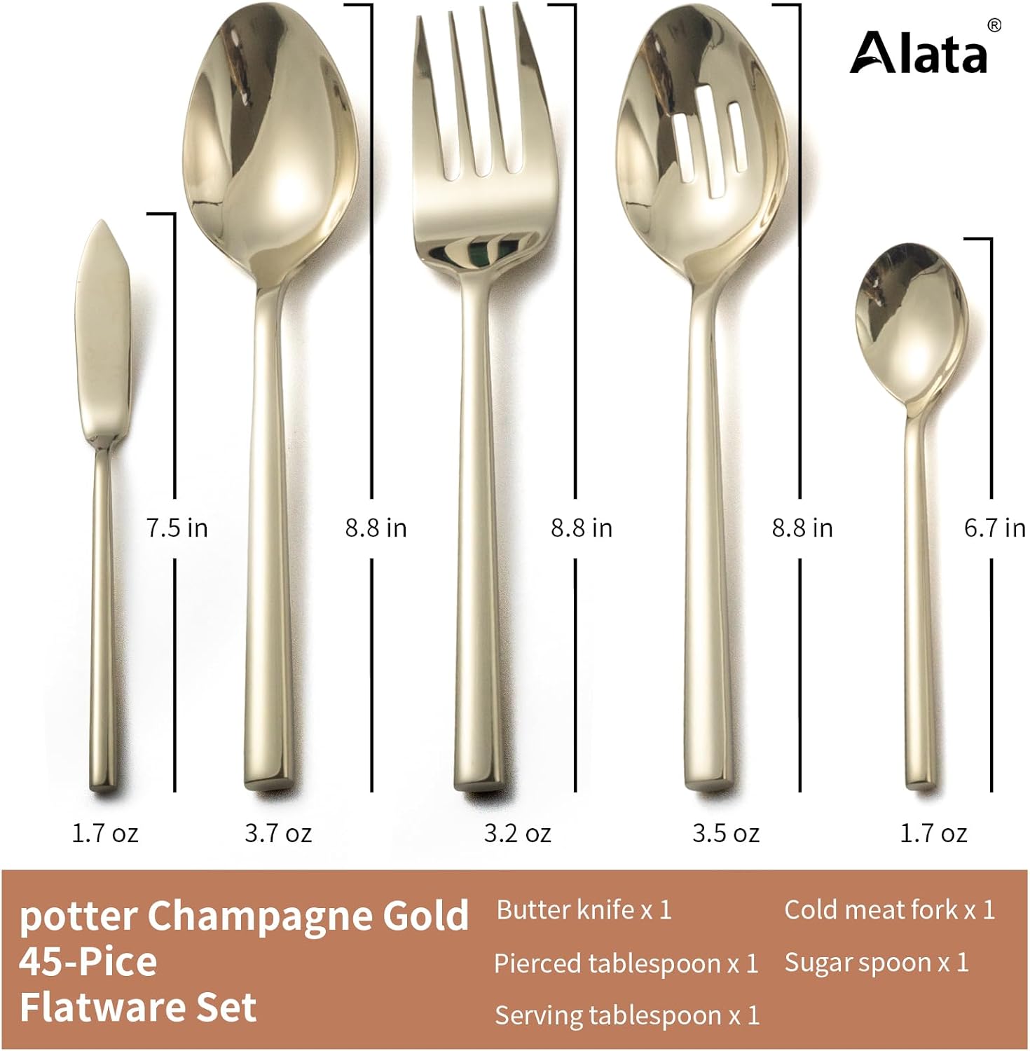 Alata Potter Champagne Gold 45-Piece Forged Silverware Set with Utensil-Serving Set, Service for 8, Stainless Steel Flatware Set, Modern Design with Mirror Finish, Ideal for Home, Kitchen, Party