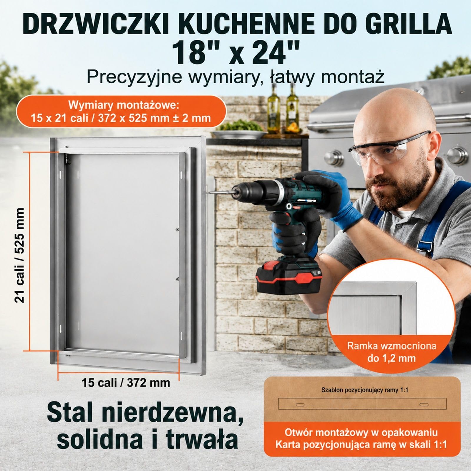 Pojedyncze drzwi dostępowe do grilla w kolorze stali nierdzewnej, montaż na równi z powierzchnią, pionowe drzwi ścienne z uchwytem do wyspy grillowej i szafki zewnętrznej