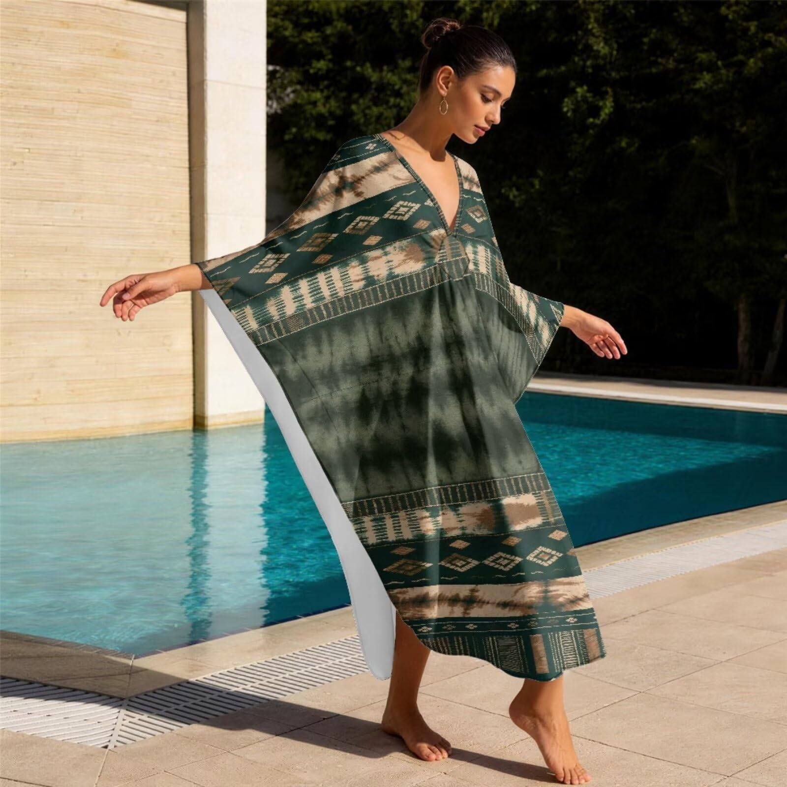 Poceacles Damska sukienka kaftanowa tie-dye wzór plus size sukienka boho z rękawami nietoperzowymi zwiewna kaftan okrycie plażowe