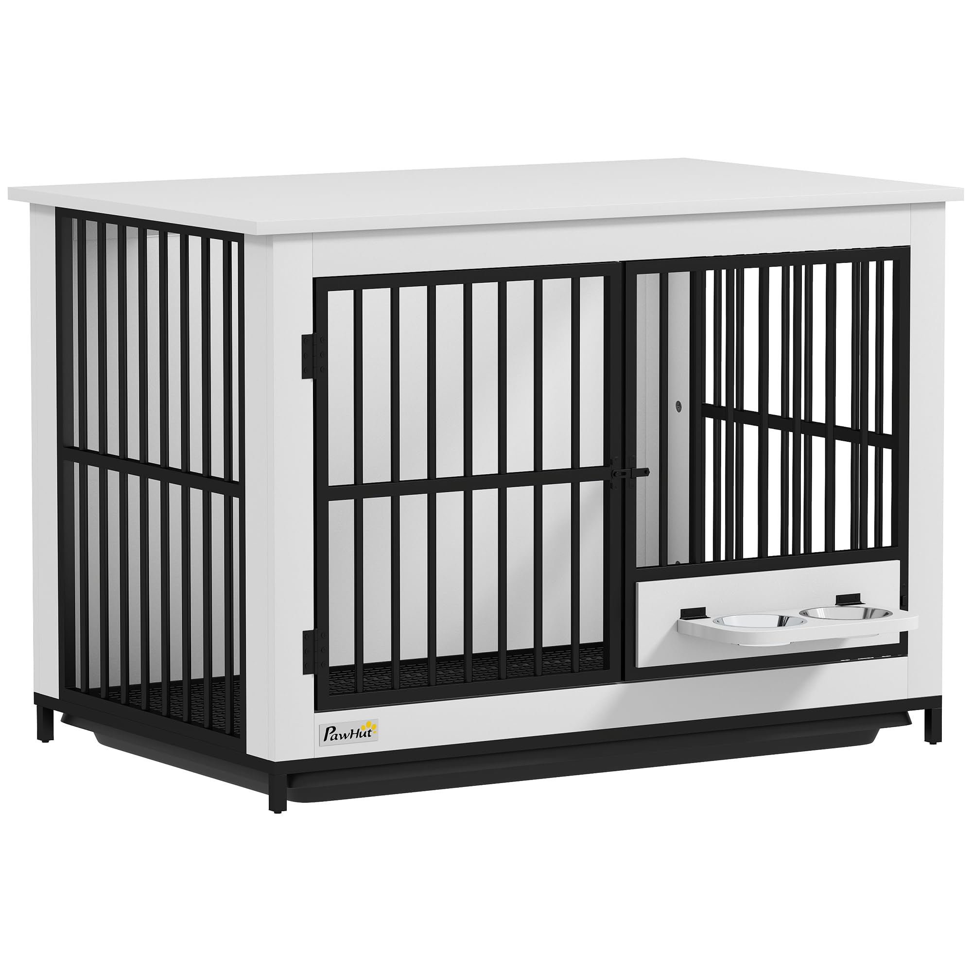 PawHut Hundekäfig Hundebox für Zuhause Abschließbare Hundehütte Indoor mit drehbaren Näpfen, herausnehmbarer Schale für kleine/mittlere/große Hunde Weiß 95 x 60 x 68,5 cm