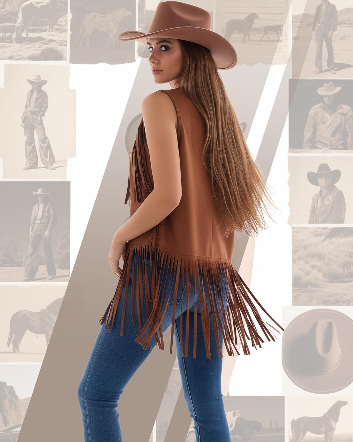 Western Outfits for Women Fringe Vests 70s Hippie Clothes Cowgirl Belt Boho Wide Brim Fedoras Hat