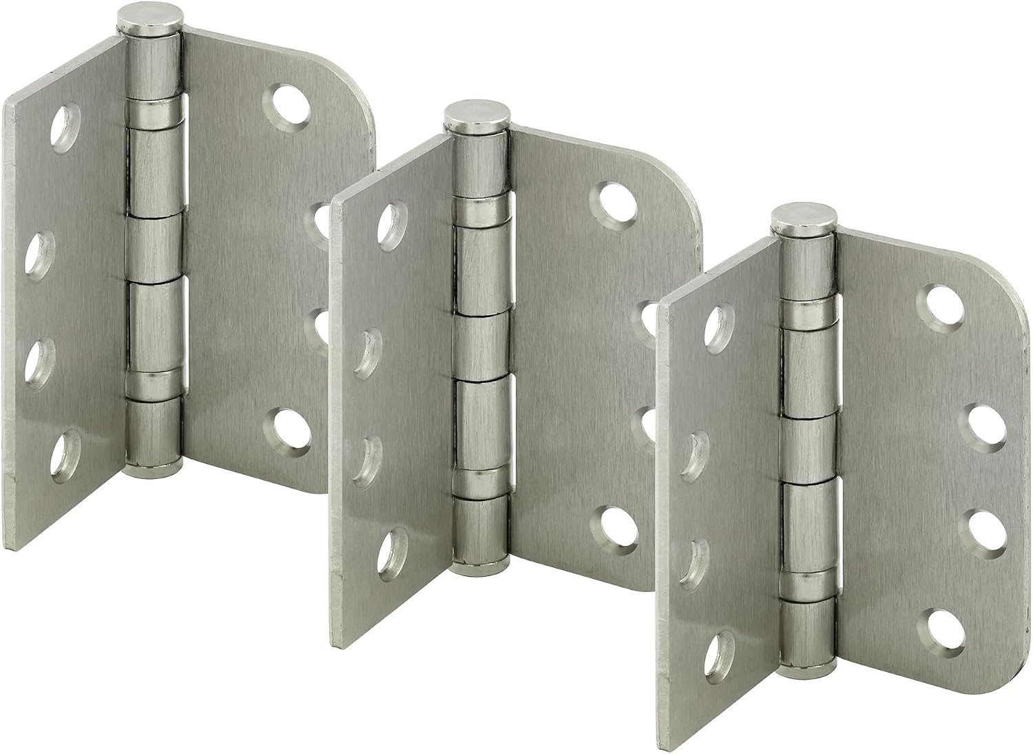 Prime-Line U 1157353 Door Hinge Commercial Smooth Pivot 2 Ball Bearing, 4 In. x 4 In. w/ Unilateral Square & 5/8 In. Radius Corners, 4 Holes per Leaf w/ Screws, Satin Nickel, .130 Gauge (3 Pack)