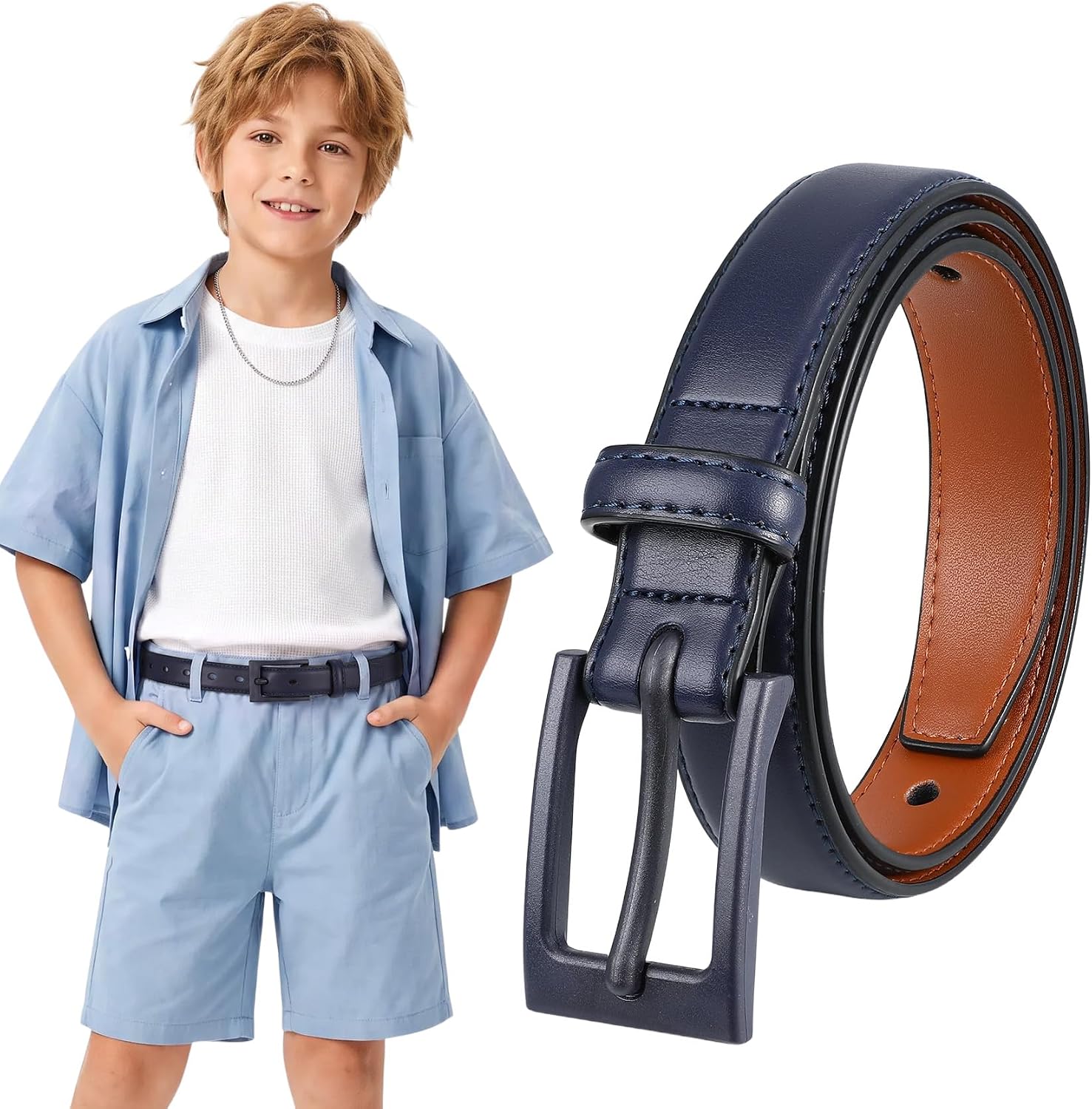 XZQTIVE Metal Free Kids Belts for Boys Hypoallergenic Leather Belt for School Uniform Casual Jeans Wear