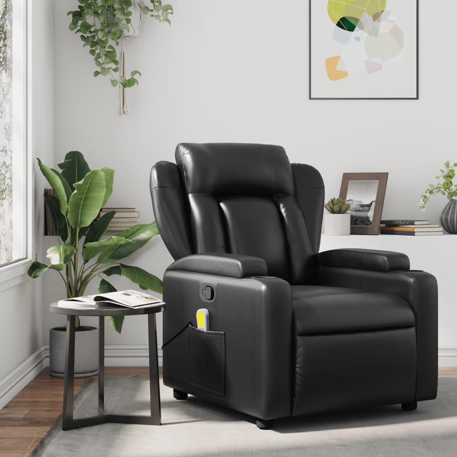 IKAYAA Sillón de Masaje Reclinable Cuero sintético, Sillón De Relax, Sillon Masaje Relax, Sillon Relax con Bolsillos Laterales, Sofá Individual, Butaca Orejera, para Salón Oficina Dormitorio Negro
