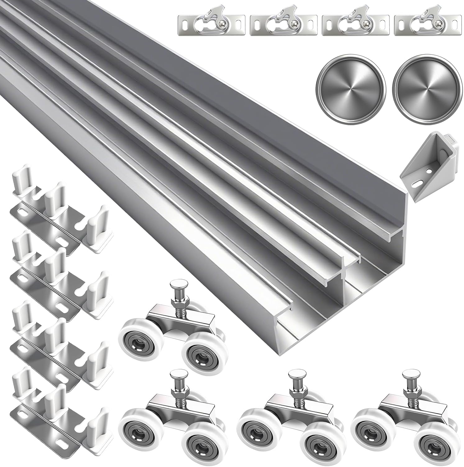 4FT Aluminum Bypass Door Sliding Hardware Set | 2 Door System with Finger Pulls | Fits Thickness 1 3/8" - 1 3/4" | Quietly and Smoothly