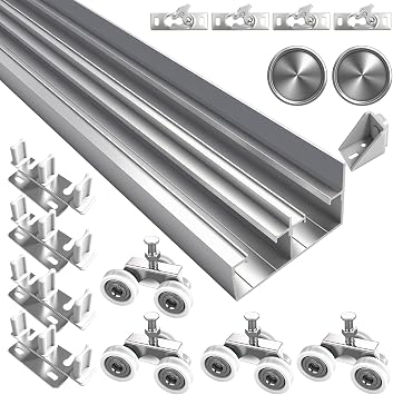 4FT Aluminum Bypass Door Sliding Hardware Set | 2 Door System with Finger Pulls | Fits Thickness 1 3/8" - 1 3/4" | Quietly and Smoothly
