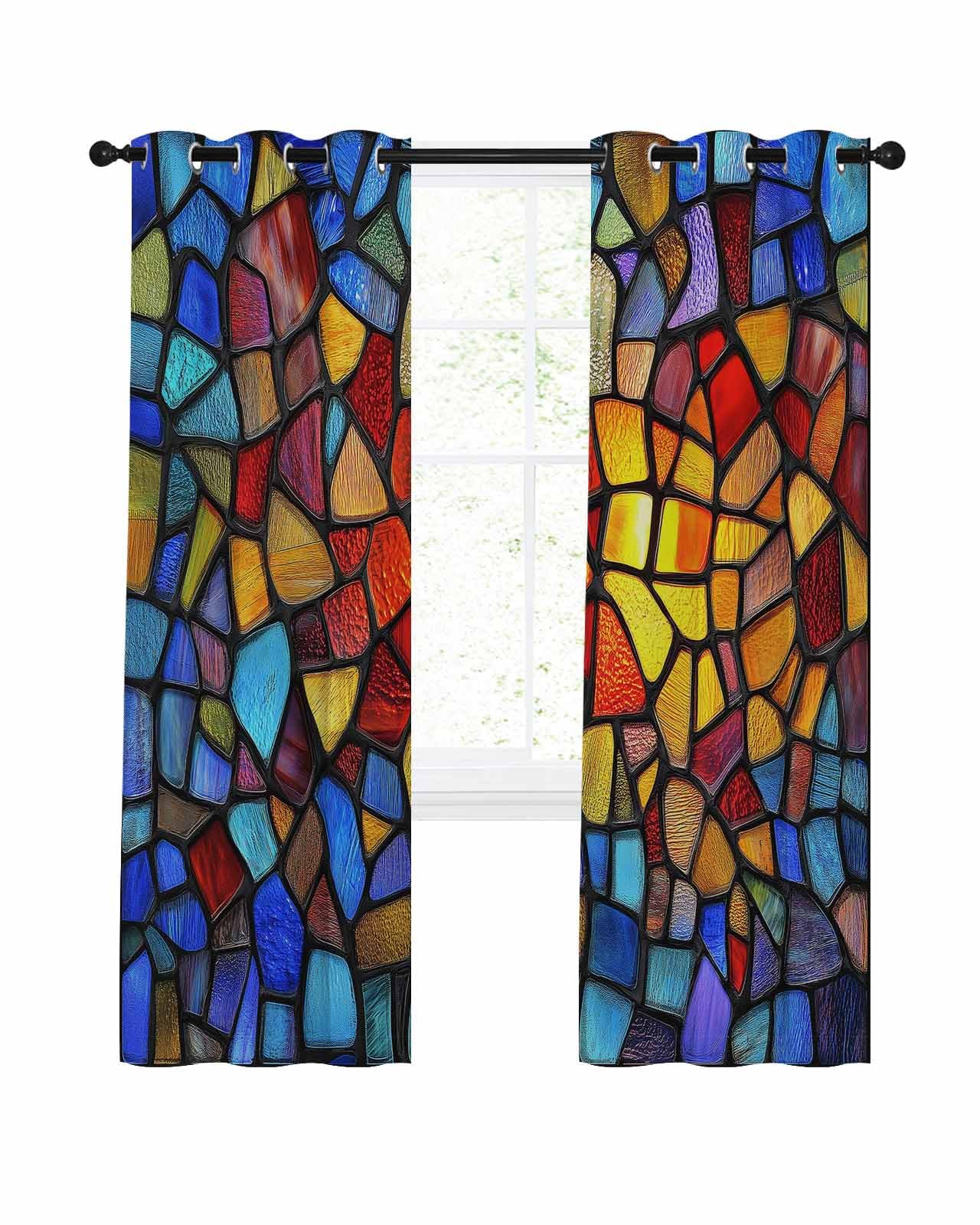 BOBOWUNY Blue Red Yellow Blackout Curtains 96 Inches Length, Modern Colored Rainbow Stained Glass Window Treatment Thermal Insulated Drapes for