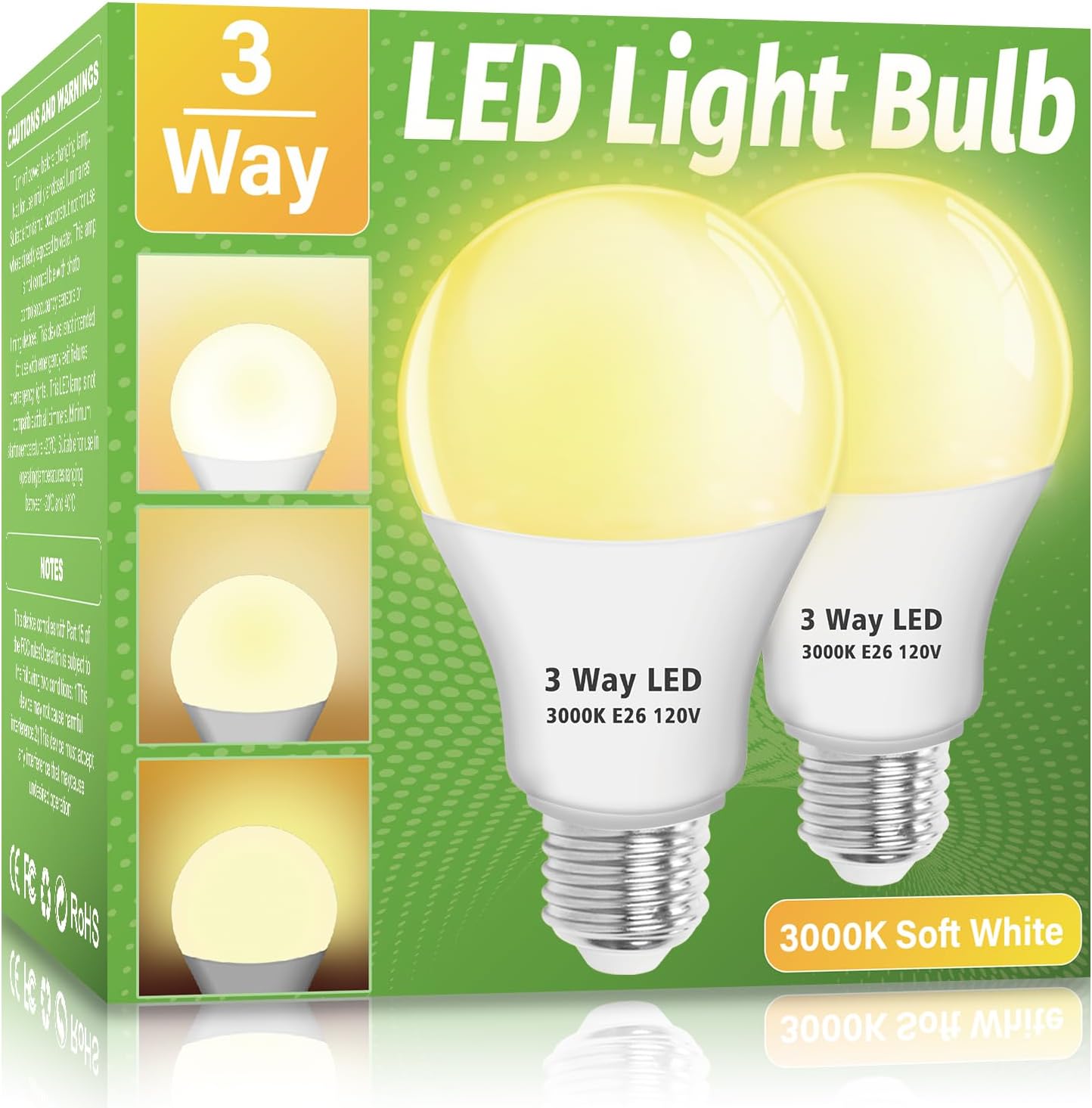 3 Way LED Light Bulbs 2 Pack, 3 Way Light Bulbs 30 70 100 Soft White 3000K,E26 Medium Base A19 Three Way Light Bulb, Indoor 3way Bulb for Reading