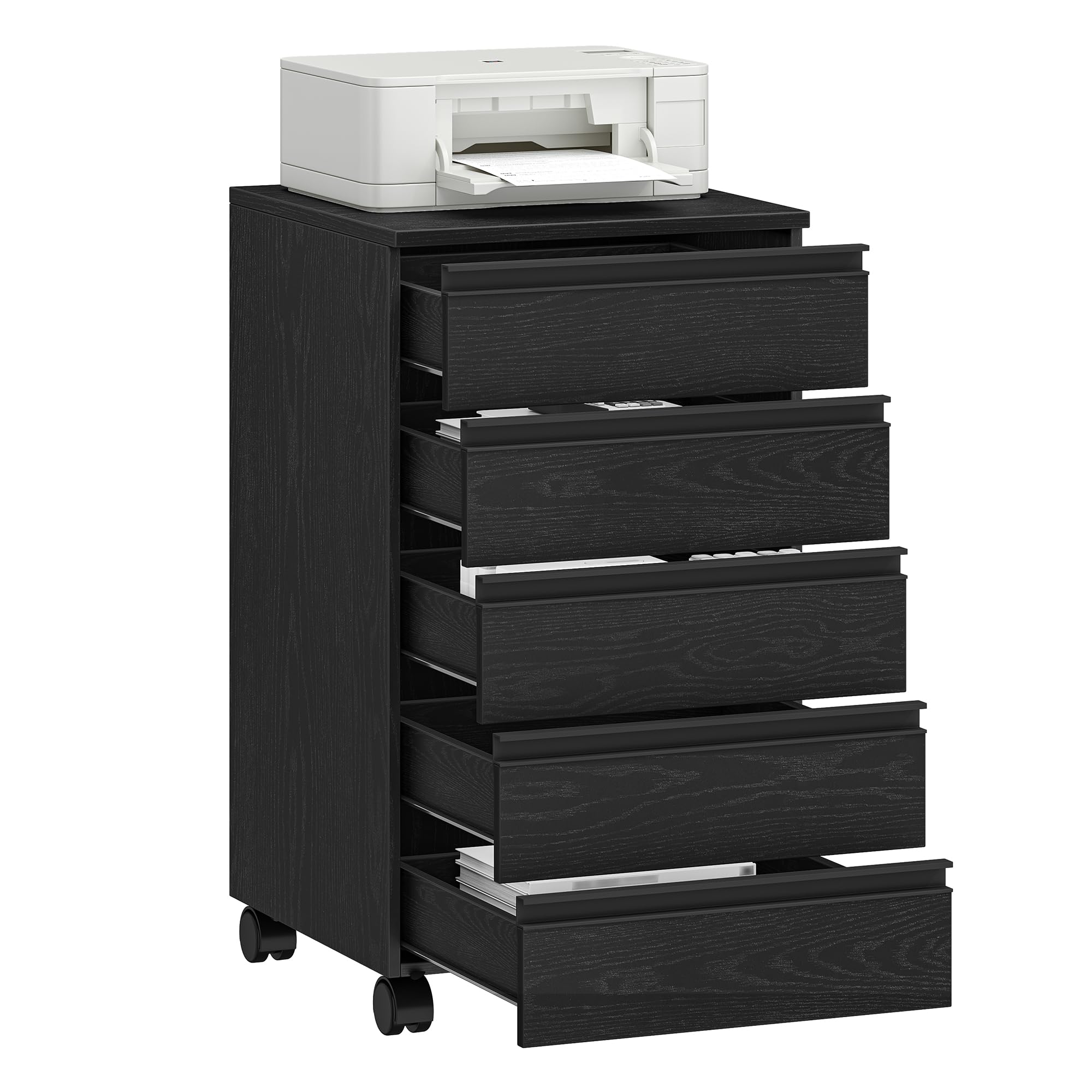 Hzuaneri Caisson de Bureau avec 5 tiroirs, Meuble de Bureau, Casier sur roulettes, Armoire à tiroirs pour télétravail, Noir 40 x 40 x 70 cm FC55504X