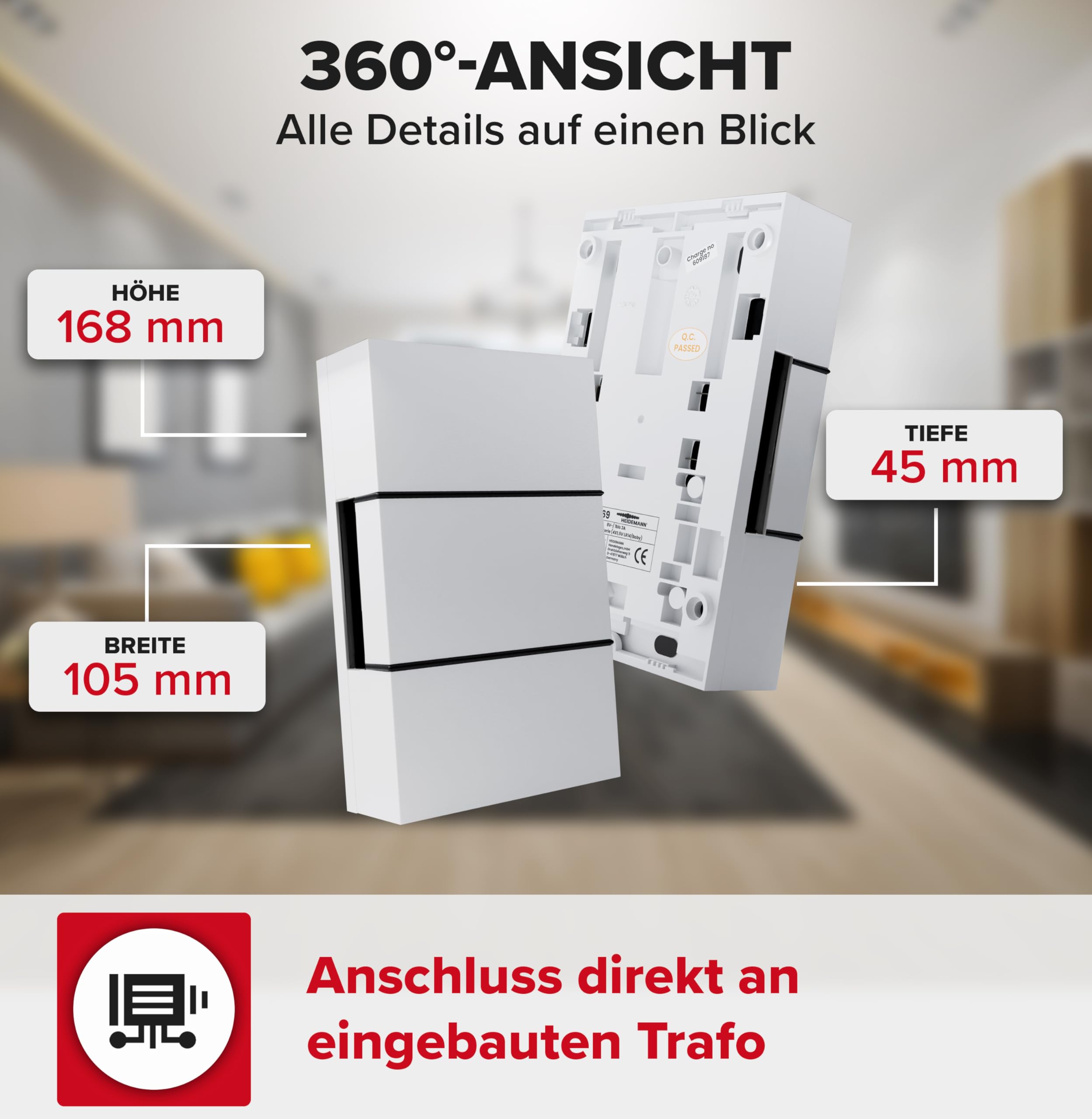 Heidemann Zweiklang-Gong Ibis 230 V (Empfänger, Lautstärke 82 dB, Farbe reinweiß, Türklingel, Gong, Funkklingel) 70011