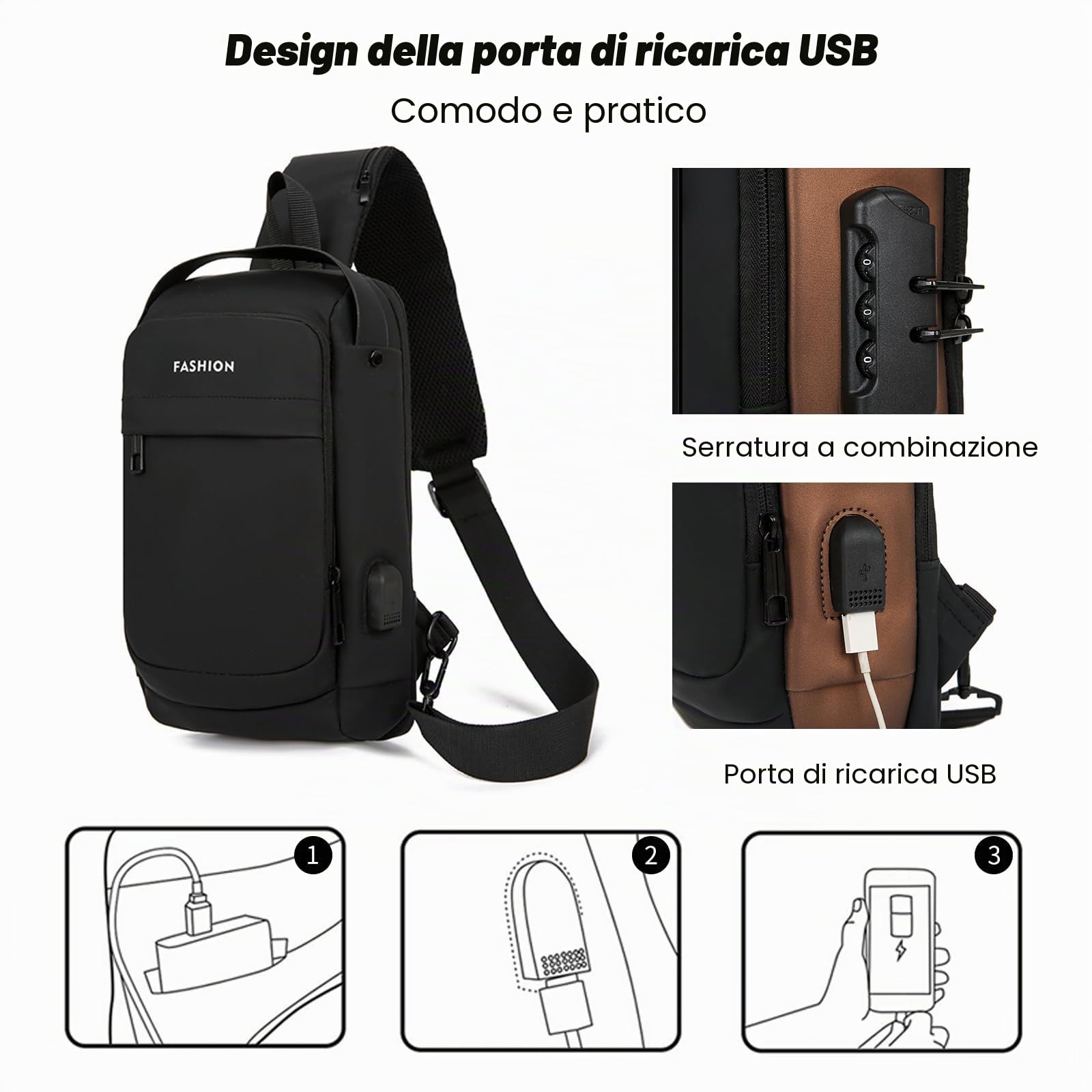 FANDARE Antifurto Zaino a Monospalla Uomo Borsello Tracolla con USB Borse a spalla da palestra Grande Capacità Zaini da escursione Borsa Monospalla per Viaggio Weekend Sling Chest Bag
