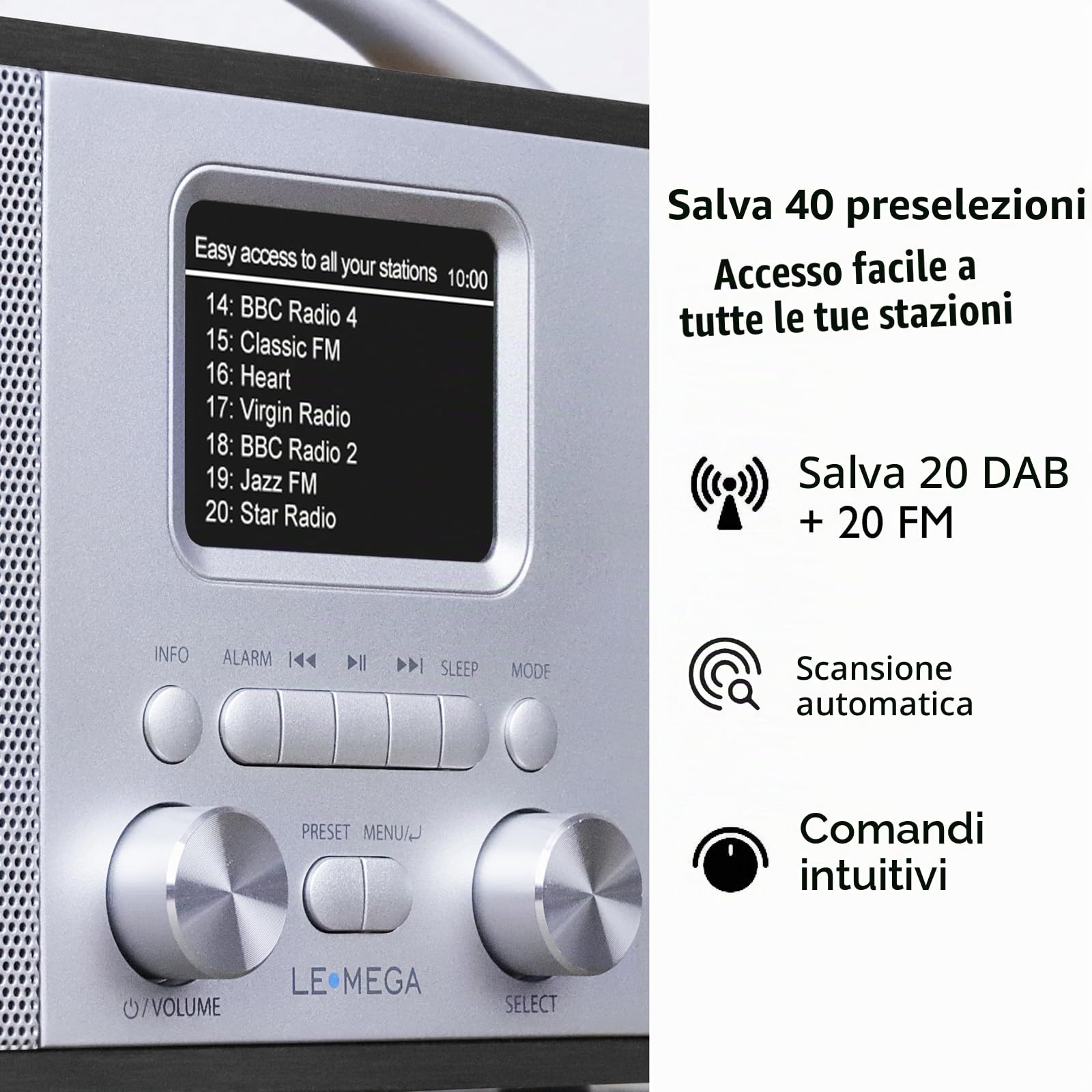 LEMEGA DR6 Radio Stereo Digitale DAB/FM,Radiosveglia con Bluetooth,Alimentazione a Batterie o Corrente,Radio DAB+ Elegante per Cucina o Camera con Struttura in Legno e Pannello Frontale in Metallo