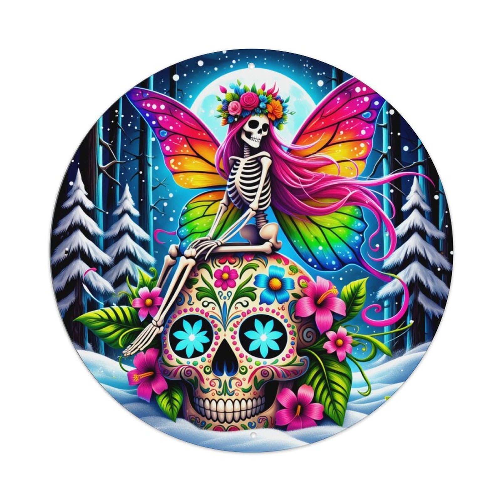 Skeleton Fairy With Colorful Wings And Flowers Round Tin Sign Retro Metal Sign for Cafe Bar Pub Home Game Room Gym Club Wall Decoration Vintage Metal Poster 8x8 Inch