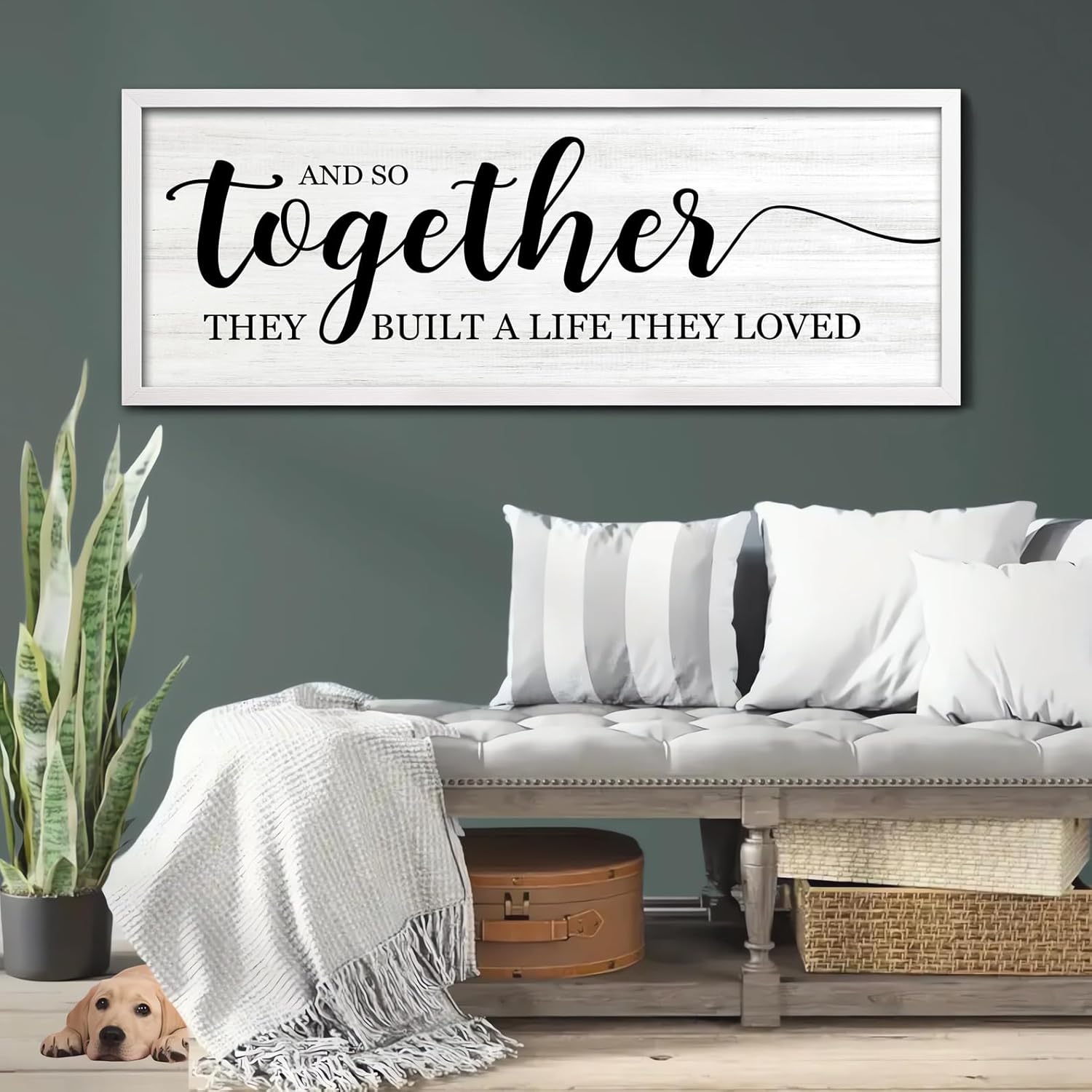 And So Together They Built A Life They Loved Decorative Rustic Sign & Plaque Framed Wall Art for Couples, 40''×15'' Vintage Horizontal Wooden Wall Decor Above Bed, Farmhouse Wedding Gift White Frame 40"L x 15"W They Built A Life They Loved