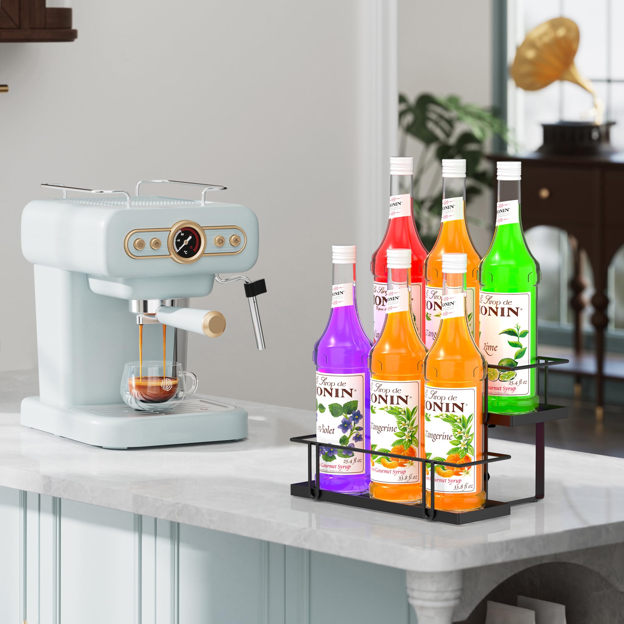 Invech Porte-sirop pour café avec capacité de 6 bouteilles, porte-sirop à 2 niveaux pour bar à café de cuisine, porte-vin en métal pour comptoir de famille et de bar