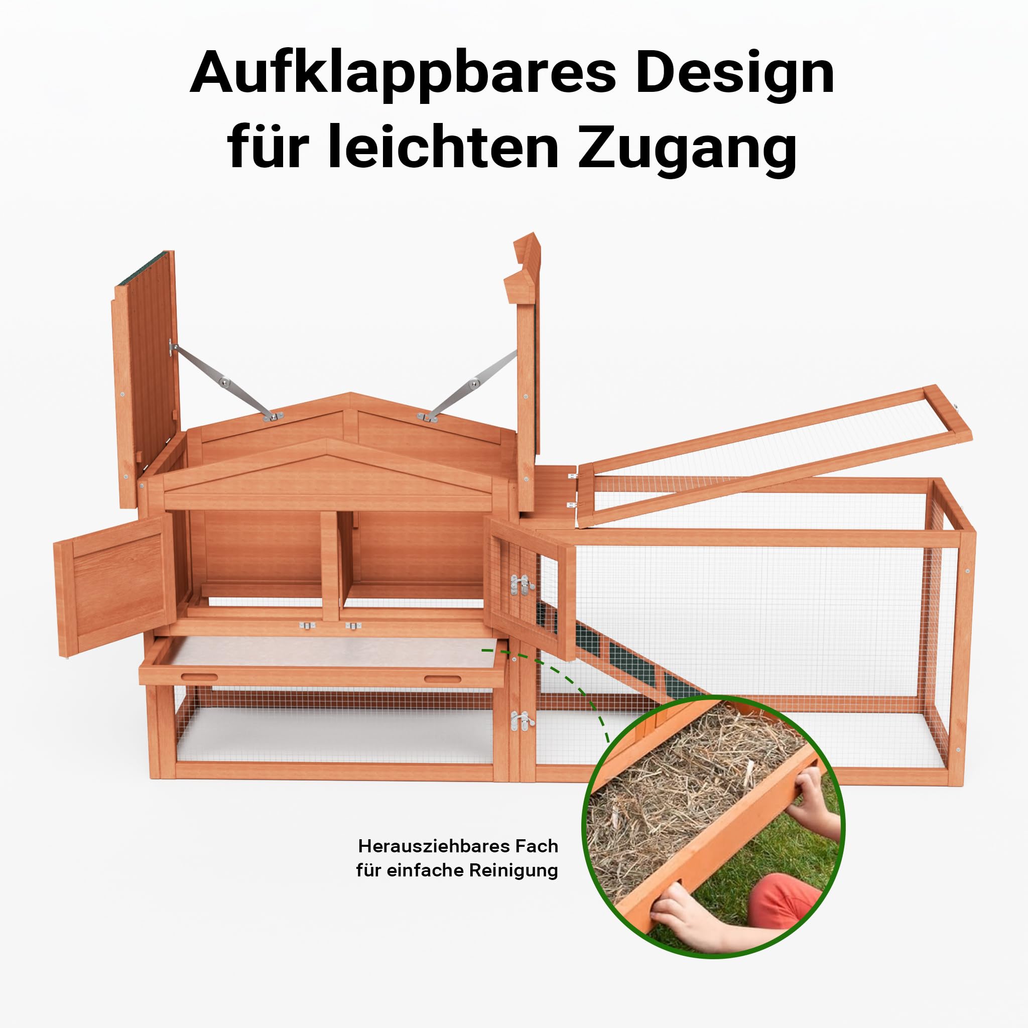 Wiltec XXL Hasenstall 1560 x 520 x 680 mm mit Freilaufgehege und erhöhtem Unterschlupf aus Fichtenholz, Kaninchenkäfig mit 2 Etagen, Kleintierstall