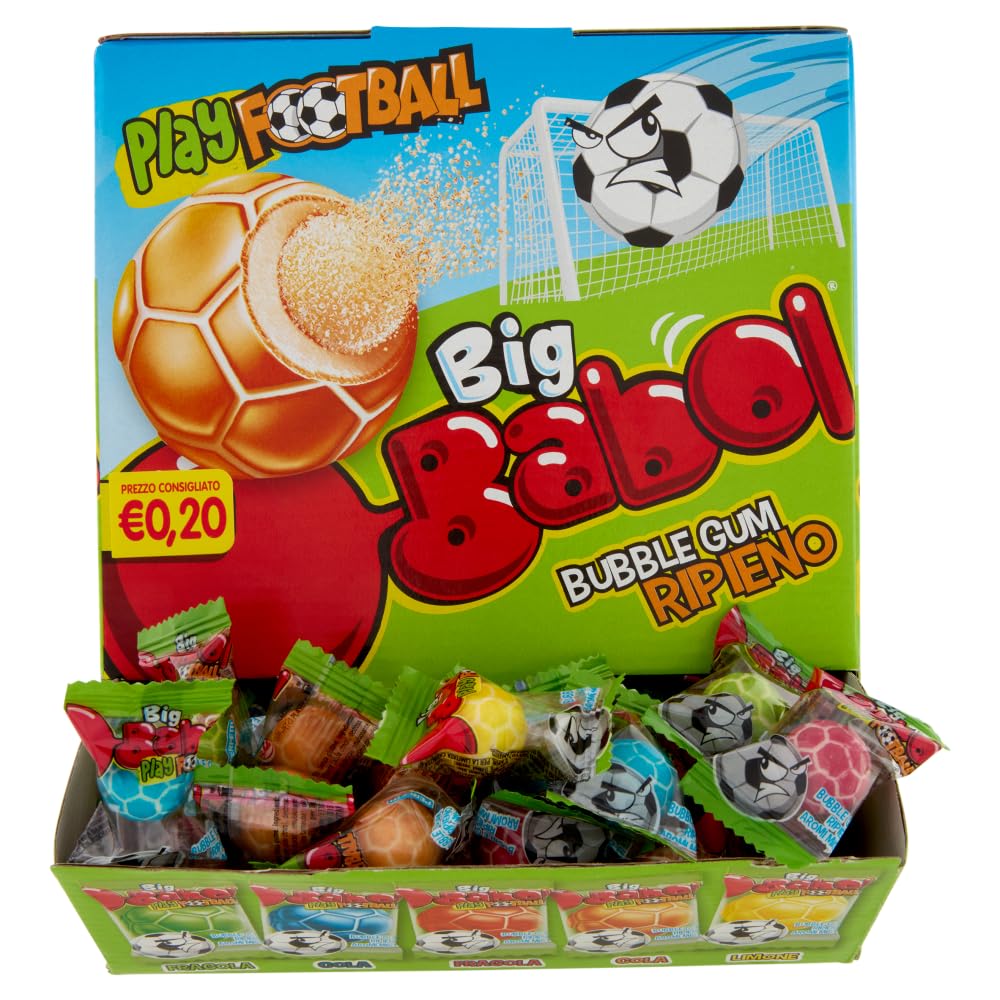 Big Babol Play Football, Chewing Gum morbido, Gusto Fragola, Cola e Limone, senza Glutine, Confezione da 200 Gomme da Masticare Monoporzione, Incartate Singolarmente, per Feste e Compleanni Bambini