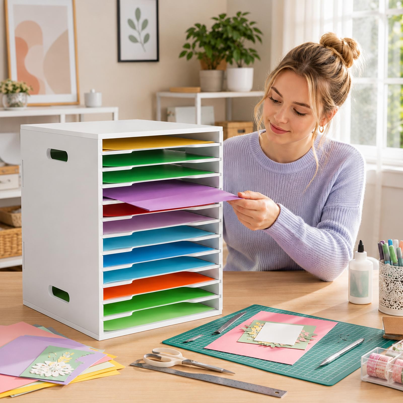SANFURNEY Scrapbook-Papier-Organizer mit 12 Ebenen, 21,6 x 27,9 cm, Schreibtisch-Organizer mit verstellbaren Regalen, stapelbare Scrapbook-Papieraufbewahrung für Sammelalben, Karton für Zuhause, Büro