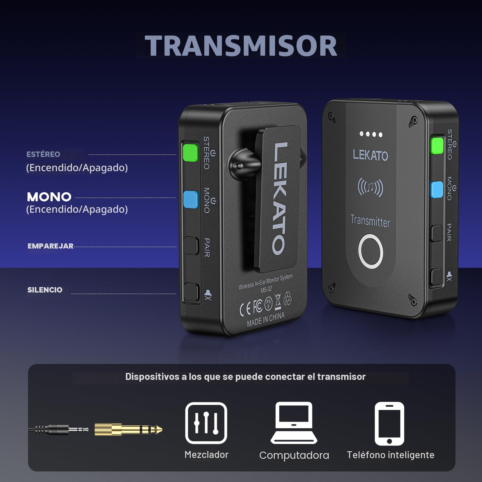 LEKATO MS-02 Monitores In-Ear Inalámbricos — 2,4G Sistemas In-Ear para Monitorización para Auriculares In-Ear, para Escenarios y Megafonía — IEM Consta de 1 Transmisor y 1 Receptor