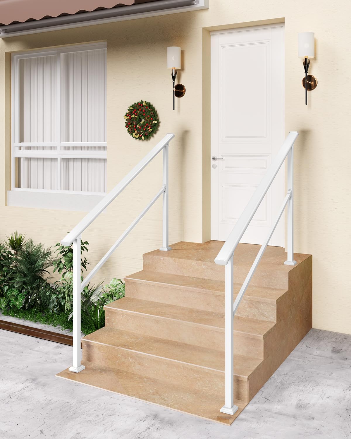 Adjustable Stair Handrail - Indoor/Outdoor Safety Railing for Concrete, Brick & Wood Steps - Easy Installation for Elderly - White