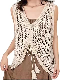 Sponsored Ad - CMajorHan Crochet Tops for Women Cover Up Hollow-Out Vest V-Neck Loose Casual Drawstring Vest Boho Sleevele...