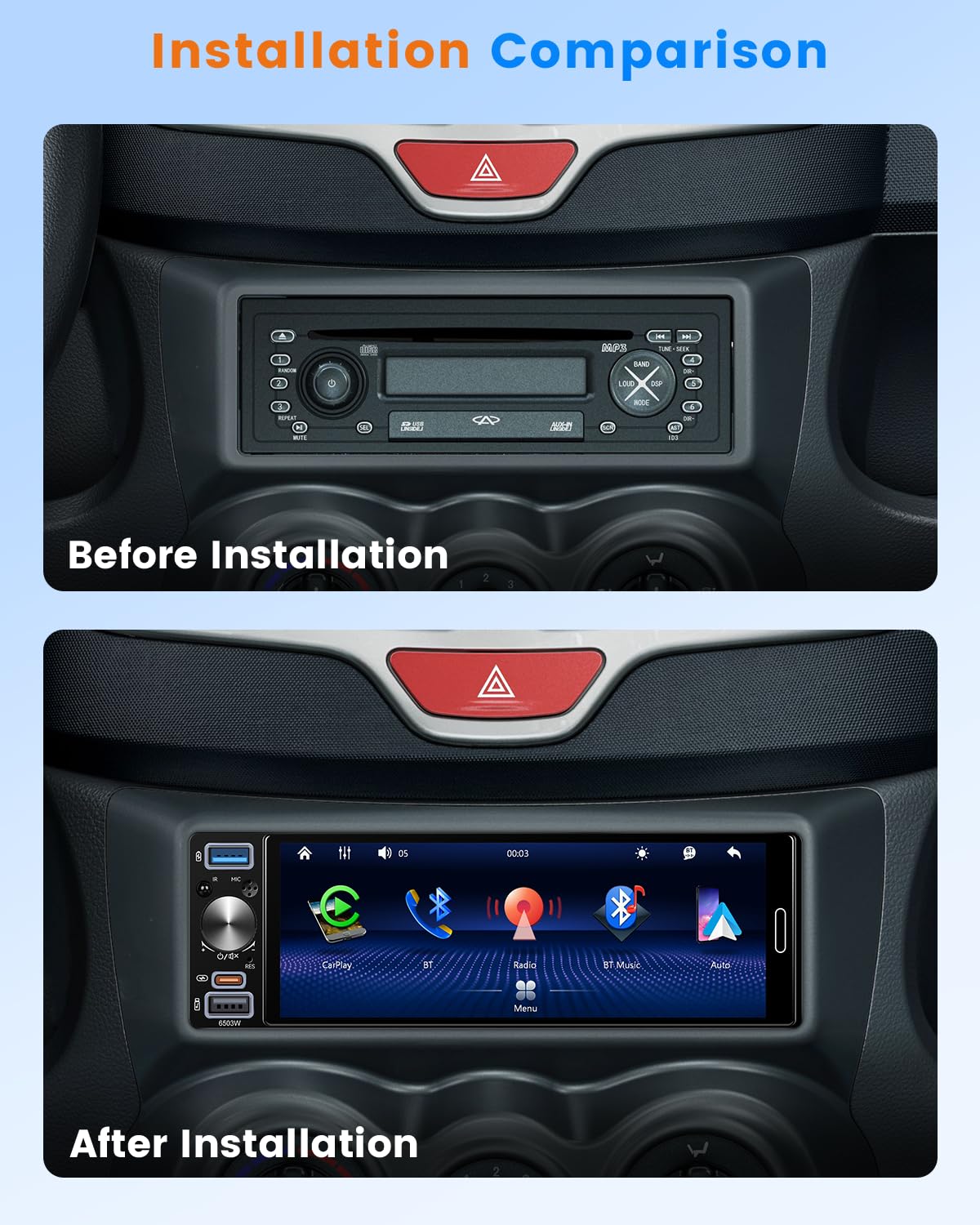 Hikity Android Autoradio 1 DIN Stereo Bluetooth Compatible avec Wireless CarPlay Android Auto, 6,5 Incell Pouces Écran Tactile Lecteur Radio RDS FM AM Recharge Rapide Microphone Caméra pour Voiture